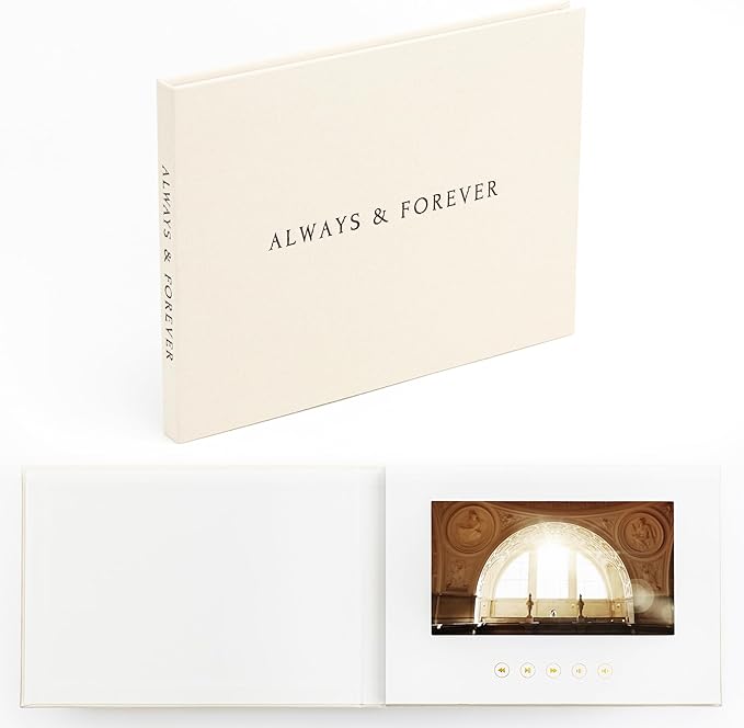 The Motion Books (ALWAYS & FOREVER - BLACK FOIL) | Luxury Linen Bound Video Book | Black foil letter stamping | Up to 3 hours of video, 7” IPS Display, 4GB of memory & Rechargeable Battery