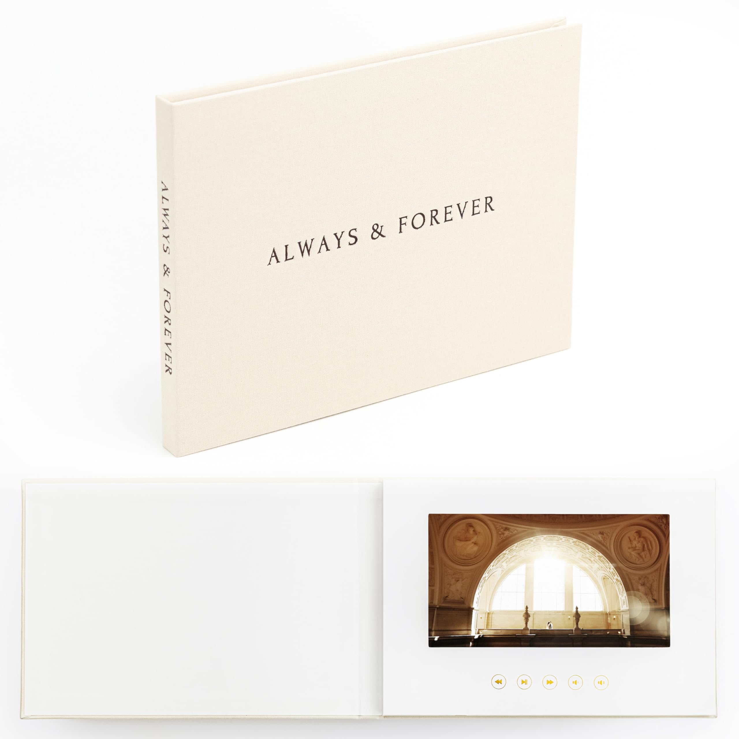 The Motion Books (ALWAYS &amp; FOREVER - BLACK FOIL) | Luxury Linen Bound Video Book | Black foil letter stamping | Up to 3 hours of video, 7” IPS Display, 4GB of memory &amp; Rechargeable Battery