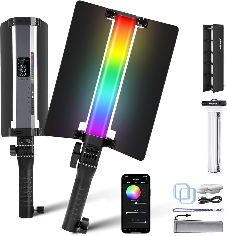 Barra de luz de tubo LED RGB1 con puerta de granero de metal, manija, barra táctil/control de aplicación, luz de video RGB de mano magnética, iluminación de fotografía regulable 3200K-5600K CRI98+ con batería de 6400mAh, 17 escenas