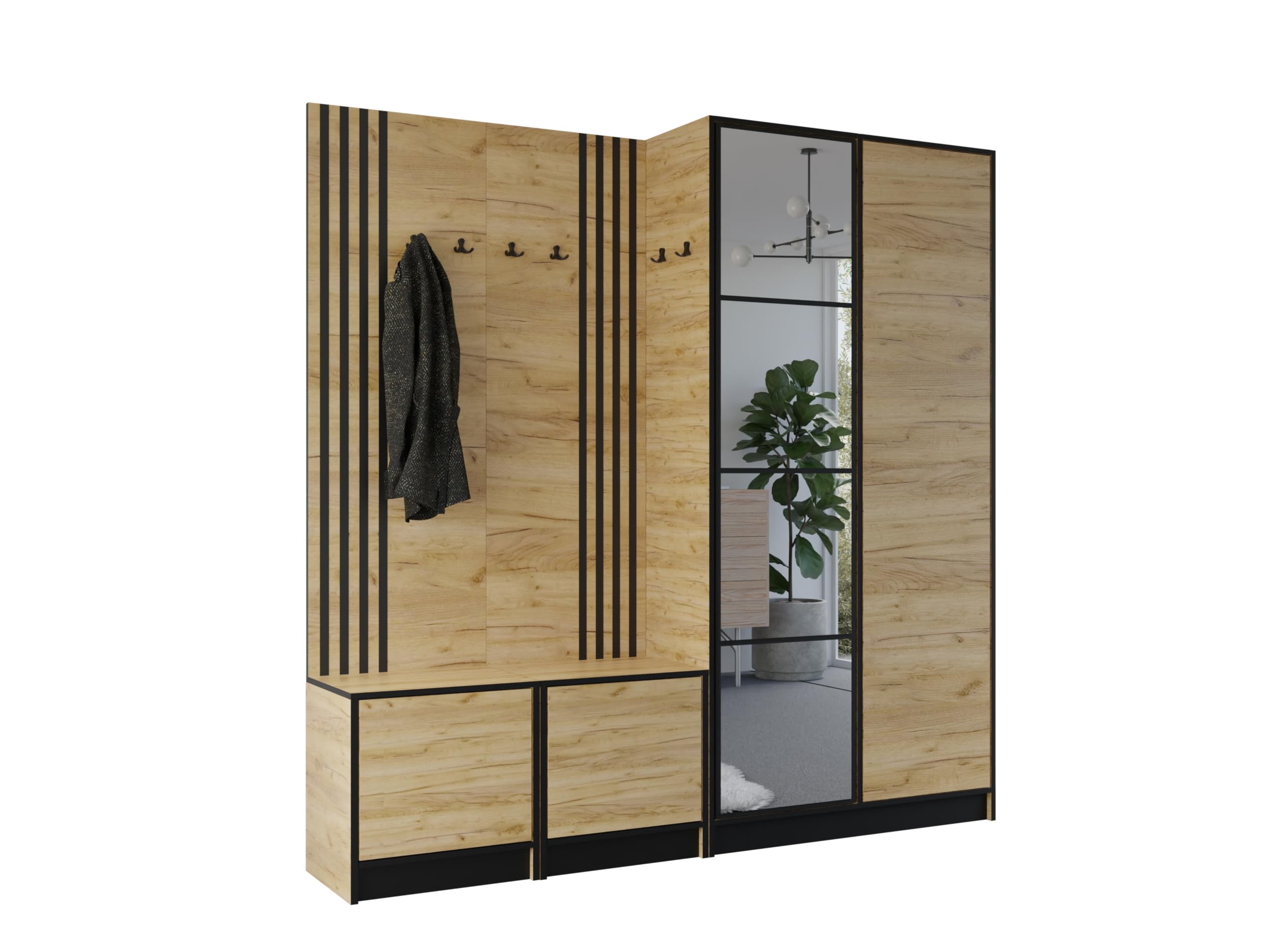 KIER FURNITURE Flurgarderobe Modern - Garderobenschrank mit Sitzbank, Haken und Schuhschrank - Flur Möbel Geräumig und Stilvoll - BxHxT 211,2x205x39cm - Craft Eiche
