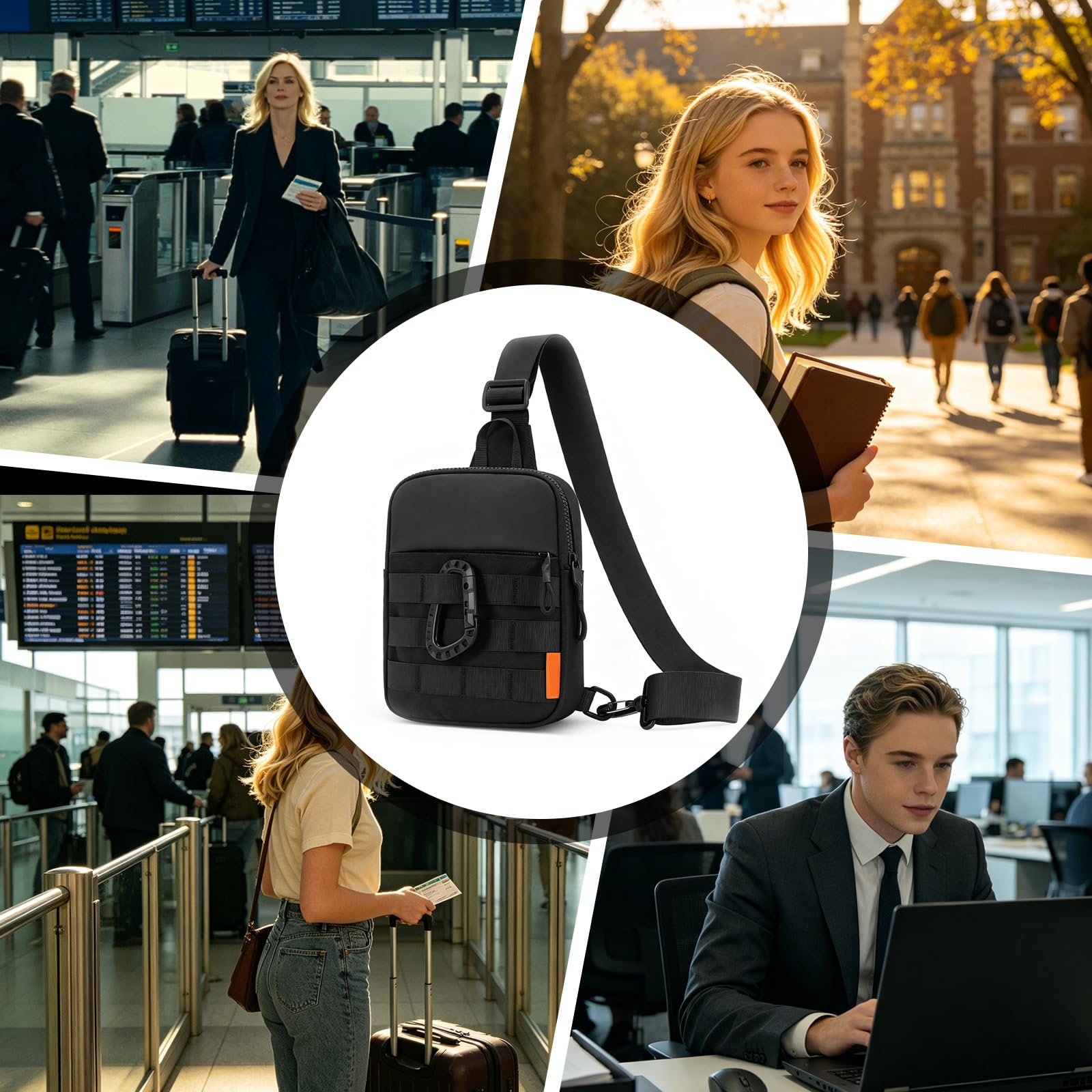 Anti Diebstahl Sling Bag, Klein Umhängetasche Chest Schwarz Crossbody Bag Brusttasche Herren Schultertasche, Tasche Handtasche mit Reißverschluss Lock, RFID-Blockierung, 21x15x6 cm