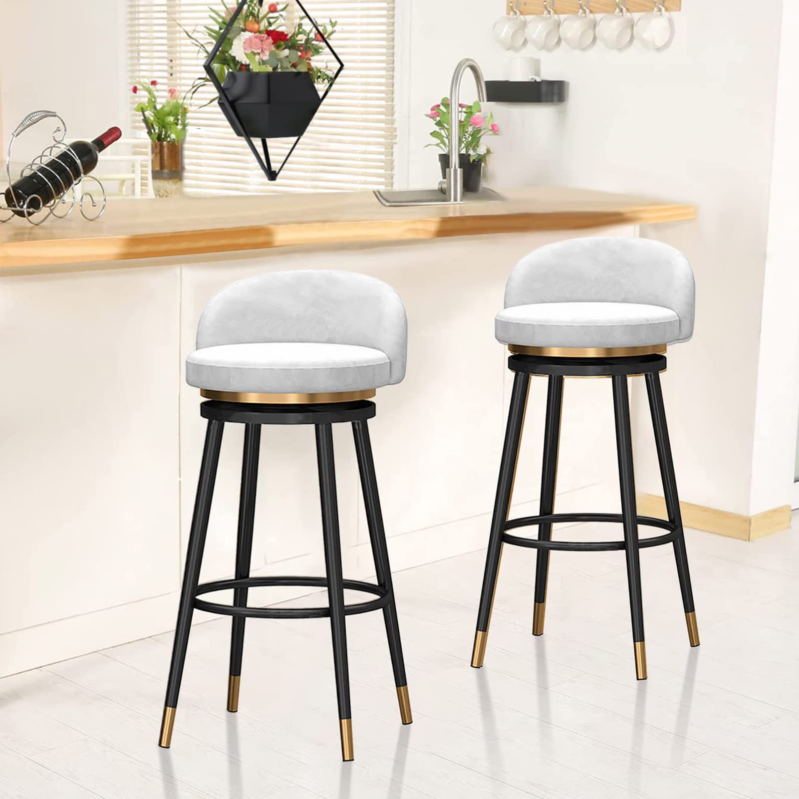 美品　背もたれ付きスイベルバースツール　２つセット　布貼り　高さ65cm Amazon｜スイベルバースツールチェア2セット、ホームダイニング