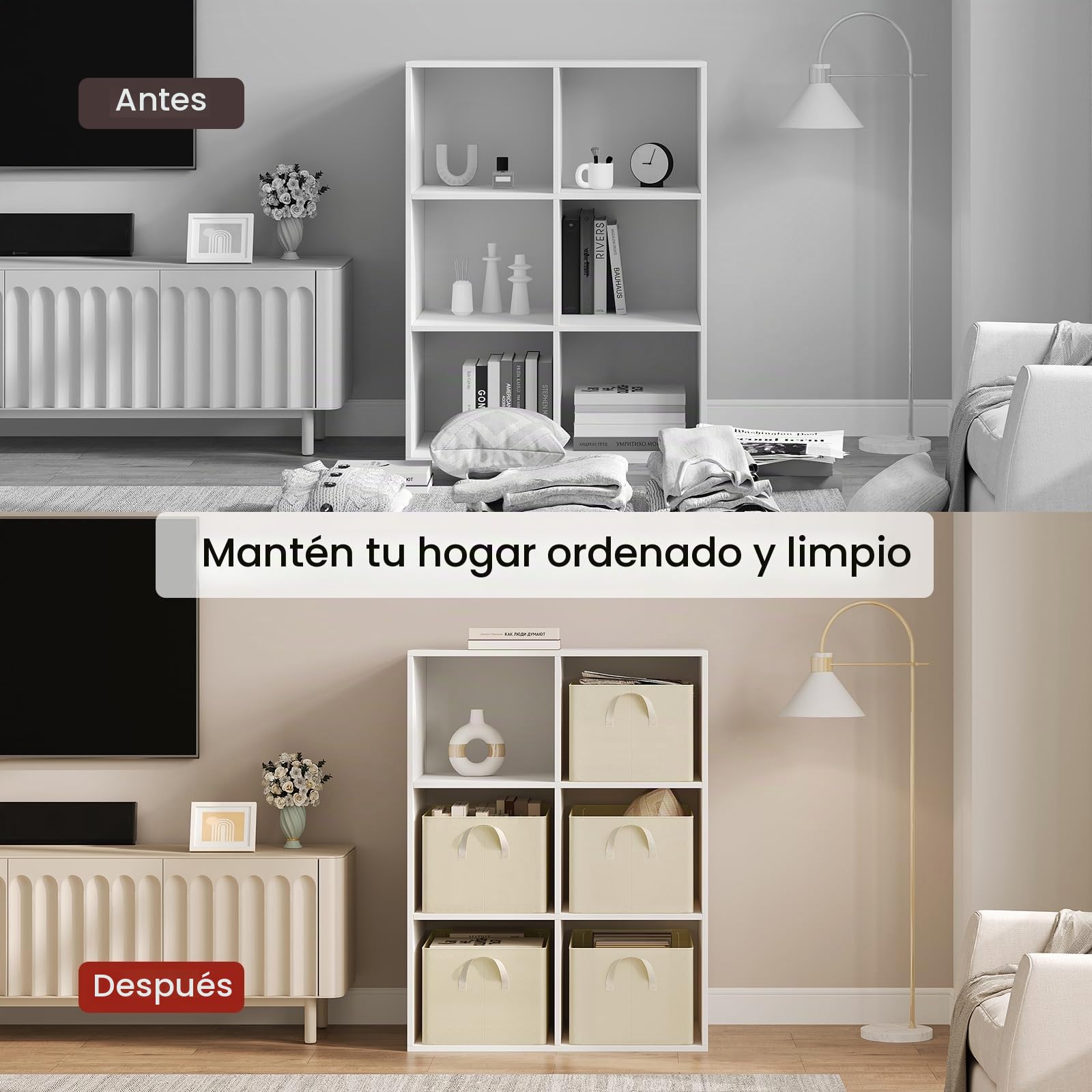 WOLTU Juego de 5 Cajas Plegables,Cajas Almacenamiento Plegables, Cajas Organizadoras de Tela con Asas, Cajas Almacenaje para Ropa y Juguetes en Armarios, Crema, 47x35x30 cm