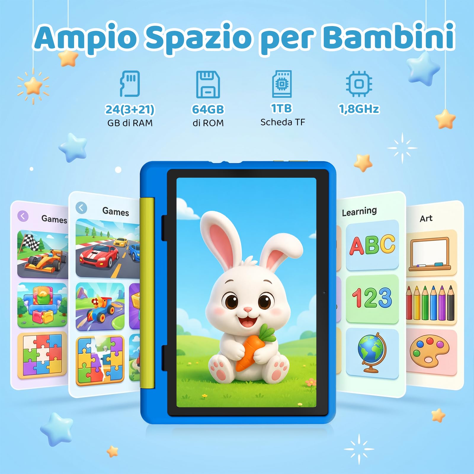Gleeso Tablet Bambini | Android 16 Tablet per Bambini 10 Pollici, Kids Tablet | 24GB+1TB TF | Controllo Parentale | 8MP Fotocamera | WiFi 6/BT 5.3, Tablet con Custodia Protettiva - Blu