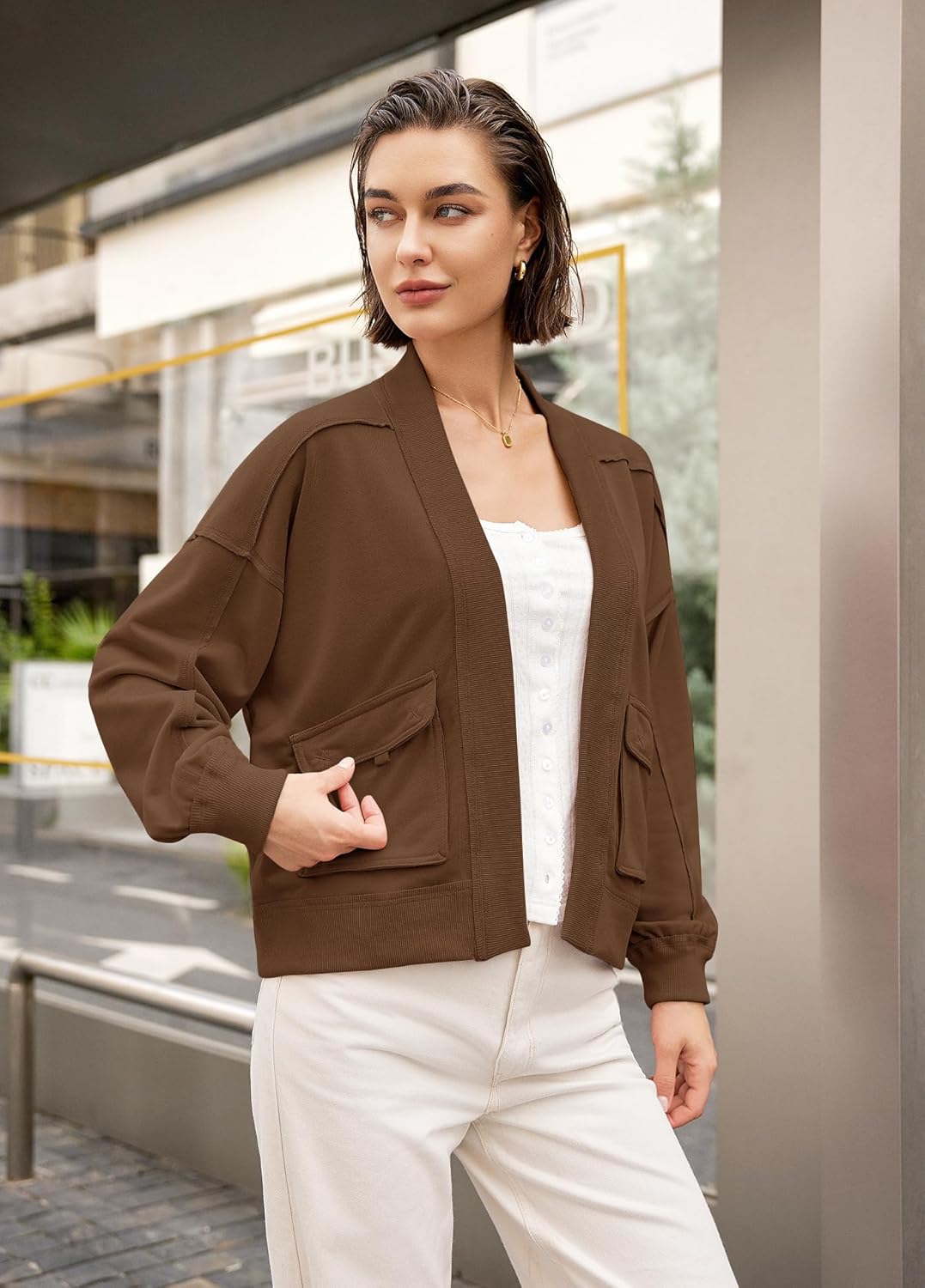 Panadila Womens Cropped Jackets Oversized Cardigans Long Sleeve Open Front Sweatshirt Cardigan Fall Coats - Image 3