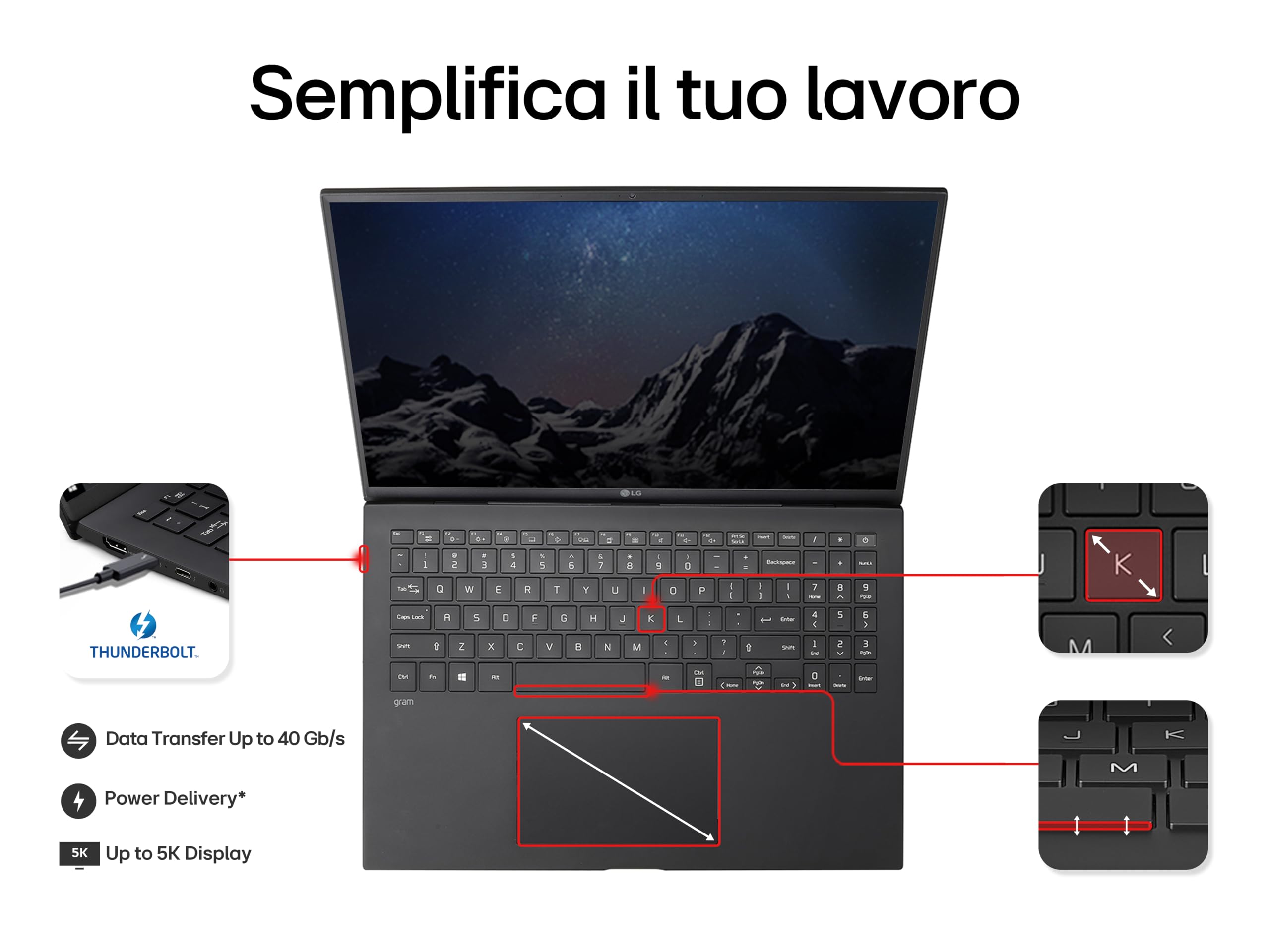 LG gram 14Z90RU, Notebook 14" 1920 x 1200, Intel Core i5-1334U, 16GB RAM, 1TB SSD, Ultraleggero solo 999g, Batteria 72Wh, Windows 11 Home, Tastiera italiana, Nero