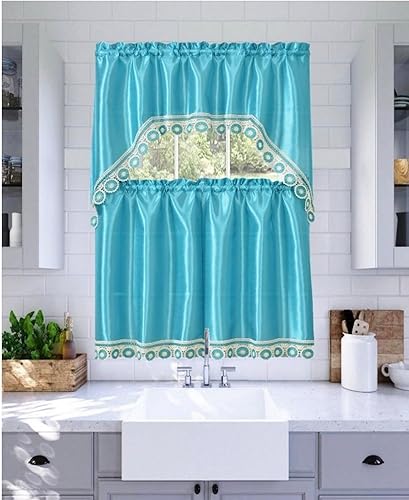 Miniatura 15 de YHSF Set de cortinas de cocina de 3 piezas con cenefa - Juego de cortinas de ventana de 2 niveles y cenefa con diseño de bolsillo para barra,