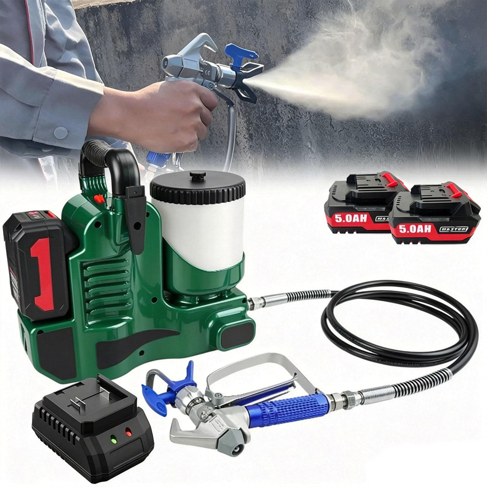 Spruzzatore di Vernice airless dal Peso di Soli 2,8 kg con Design Senza Fili, Perfetto per verniciatura Uniforme di muri, ringhiere e Piccole ristrutturazioni Green-2Batteries
