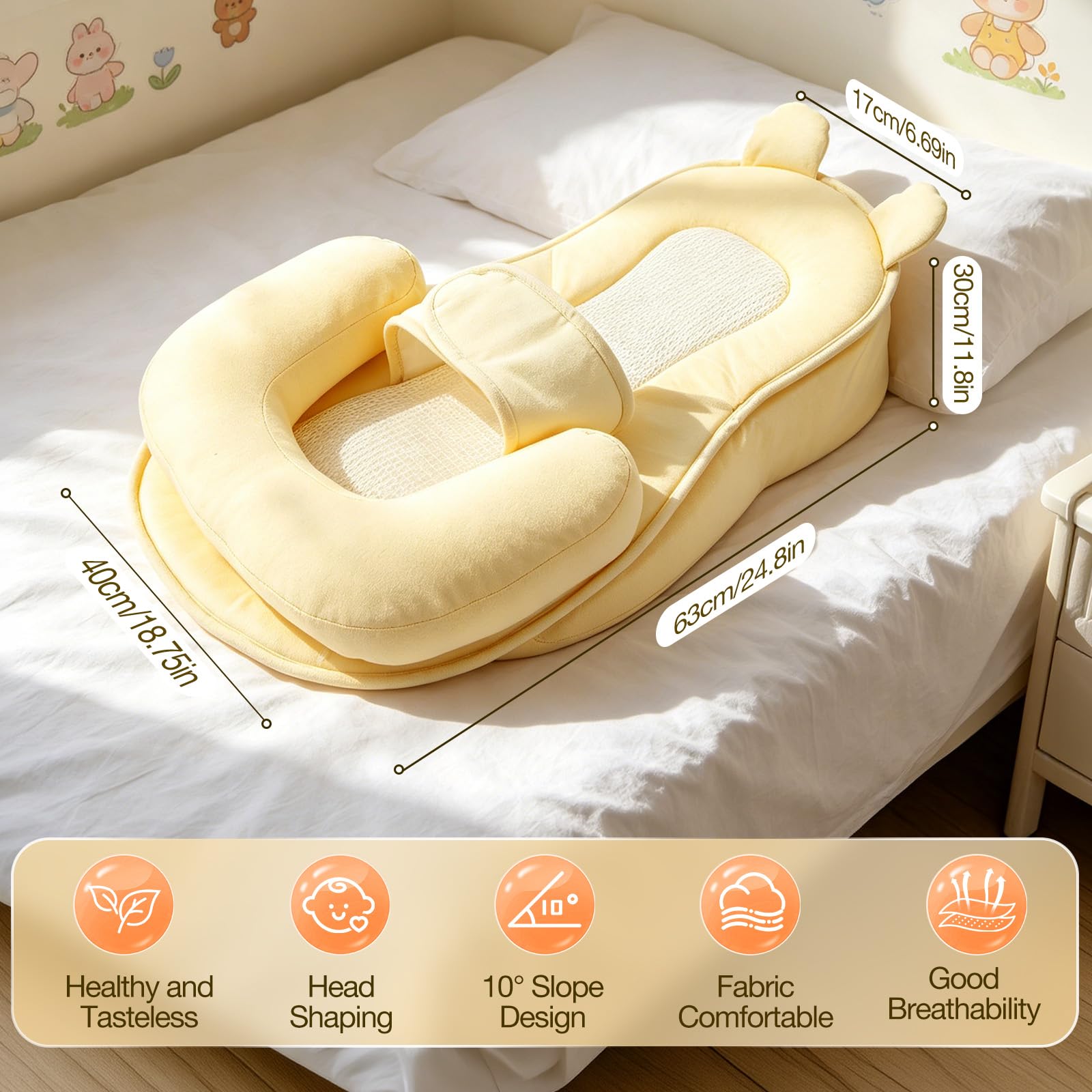 Coussin d'allaitement, housse de coussin d'allaitement anti-reflux et anti-regurgitation, coussins amovible lavable pour le biberon avec sangle réglable, pour nouveau-nés de 0 à 12 mois(Jaune)