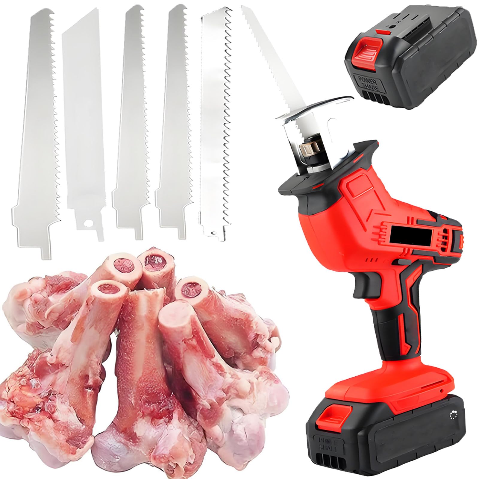 Sierra Eléctrica Para Huesos Y Carne - Sierra Recíproca Comercial, 5 Hojas, 2 Baterías De 3000 Mah,Bloqueo De Seguridad Integrado,Velocidad De Carrera 2000/Min | Para Cortar Huesos Y Carne