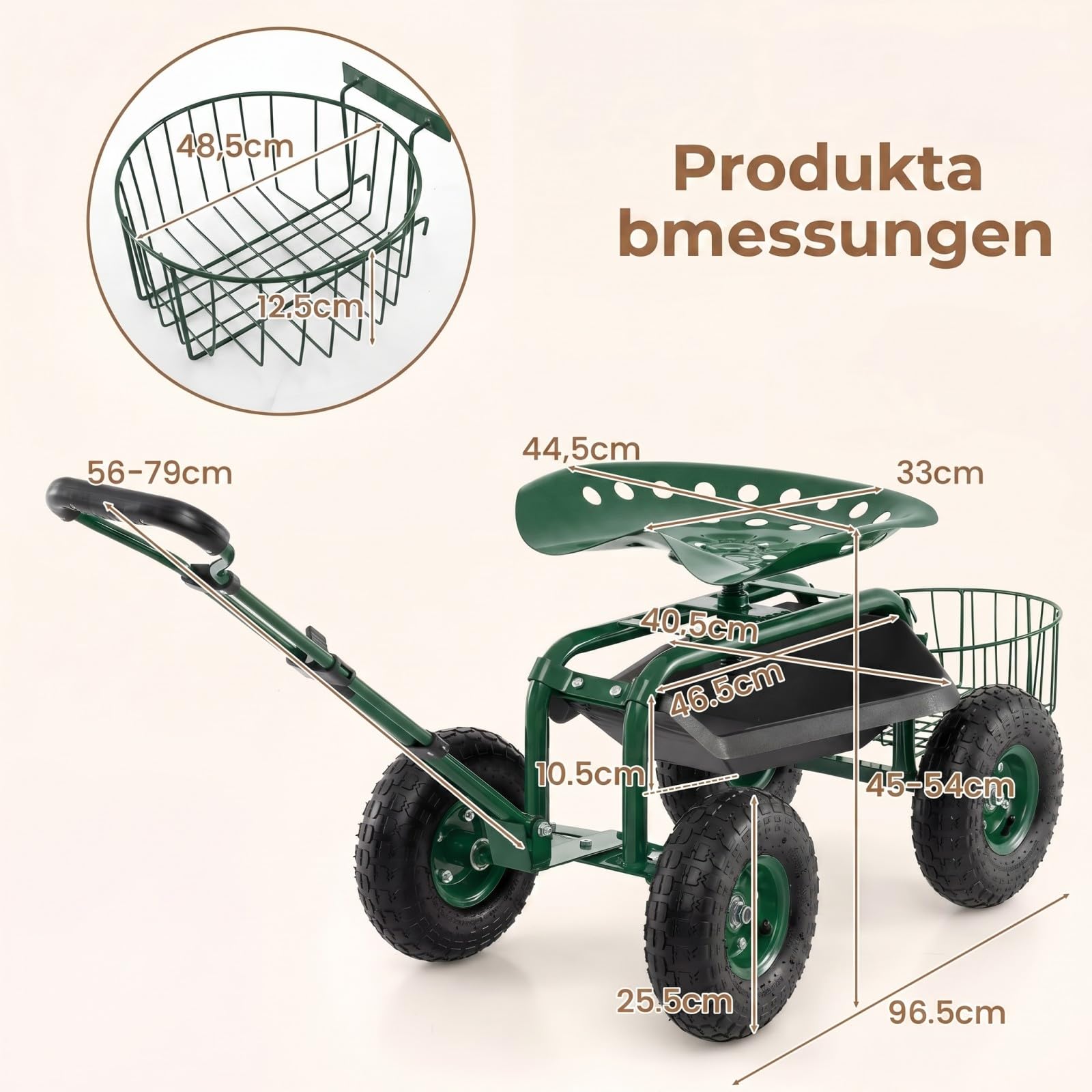 GYMAX Gartenhocker mit Rollen, Gartenwagen mit Verstellbarer Sitzhöhe, ausziehbarem Griff & Aufbewahrungskorb, Rollsitz für Gartenarbeit, Arbeitssitz Gartensitz Grün