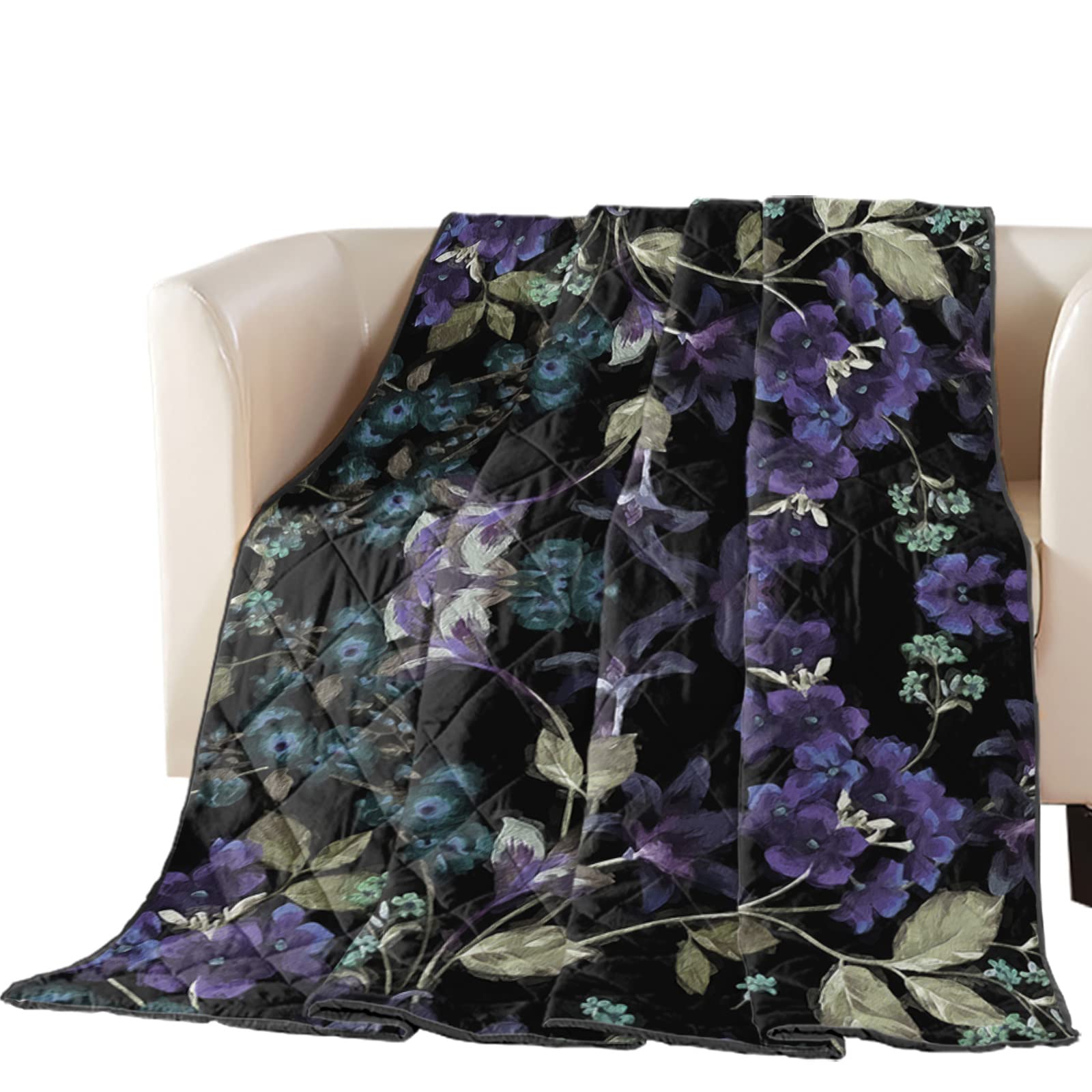 Quilt Full Luxury Quilted Comforter Bedspread-Thin Soft Cozy, Hand Drawn Dark Purple Floral Leaves Line Pattern Reversible Stitched Summer Lightweight Quilt Coverlet for All Season Full Size