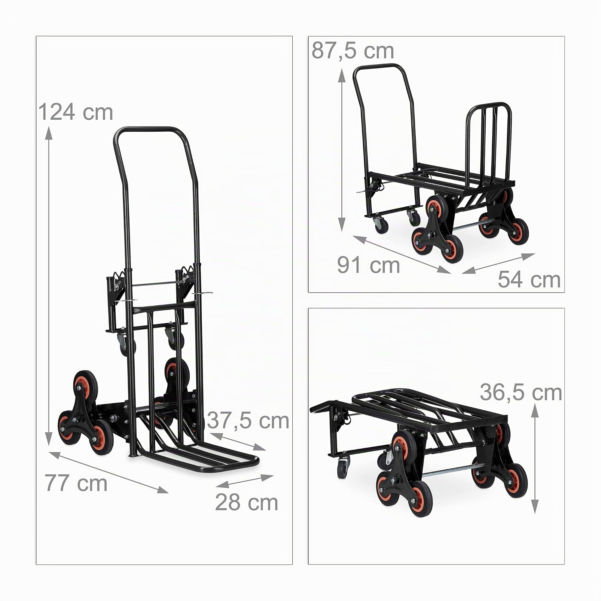 Relaxdays Carrello Portapacchi per Scale, Carrellino da Trasporto, Trolley Saliscale, capacità di Carico 50/150 kg, Nero