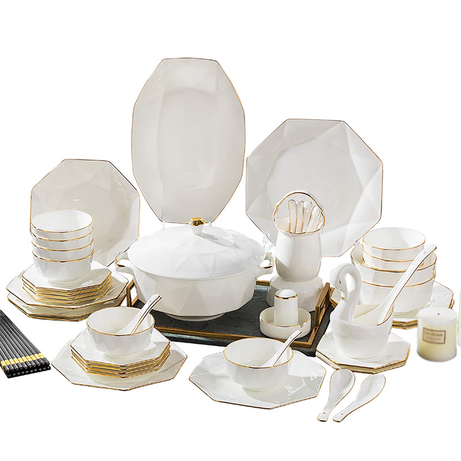 Zestaw naczyń ceramicznych do użytku domowego, miski i talerze ze złotym rantem, zestaw naczyń z porcelany kostnej, ośmiokątny zestaw naczyń ze złota.,