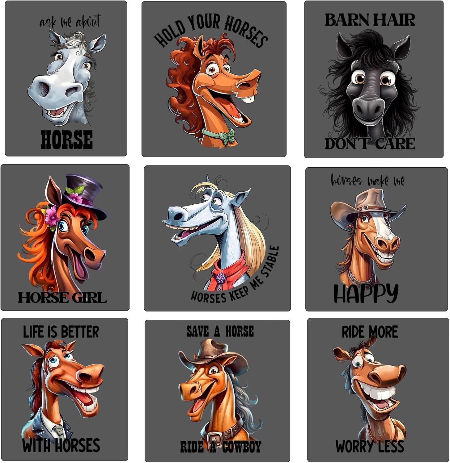 9pcs Funny Horse Quotes Iron On Transfer Decals Thermal Stickers for Clothing Appliqued Washable DIY Applique Iron On Heat Press Vinyl for Shirts Pillow Covers