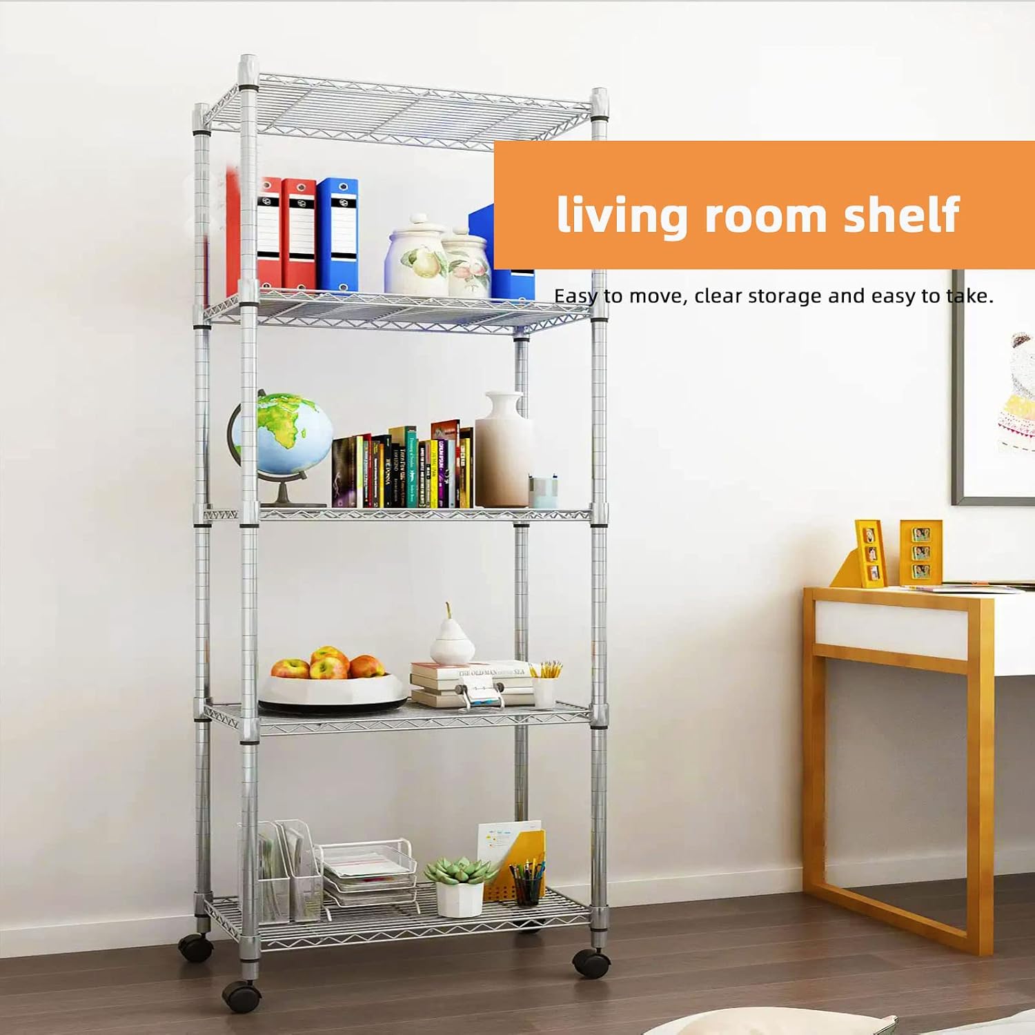 Storage Shelves ，Chrome,Durable Wire Shelving, Vertical Heavy Duty Combination, Kitchen, Bedroom, Living Room, Study, Utility Room, Basement, Garage, Free Movement with Moving Wheels