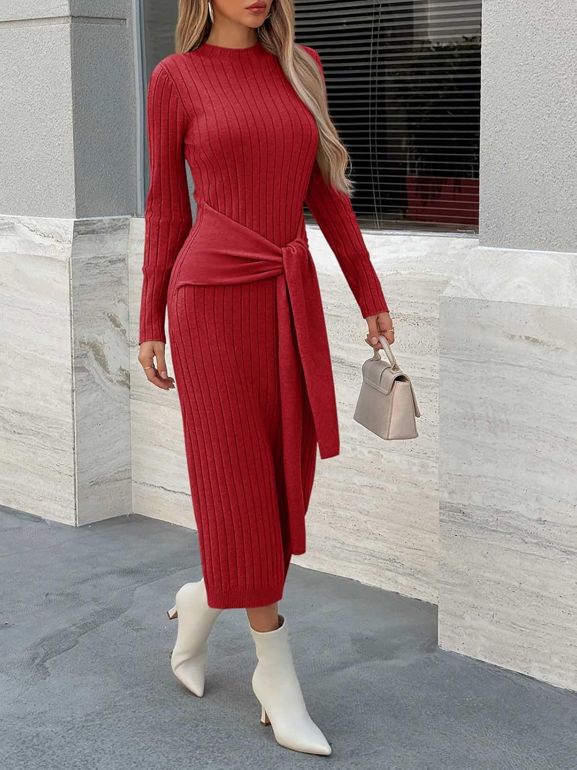Saodimallsu Womens Long Sleeve Midi Sweater Dress Bodycon Mock Neck Ribbed Knit Tie Waist Fall Long Dresses - Image 4