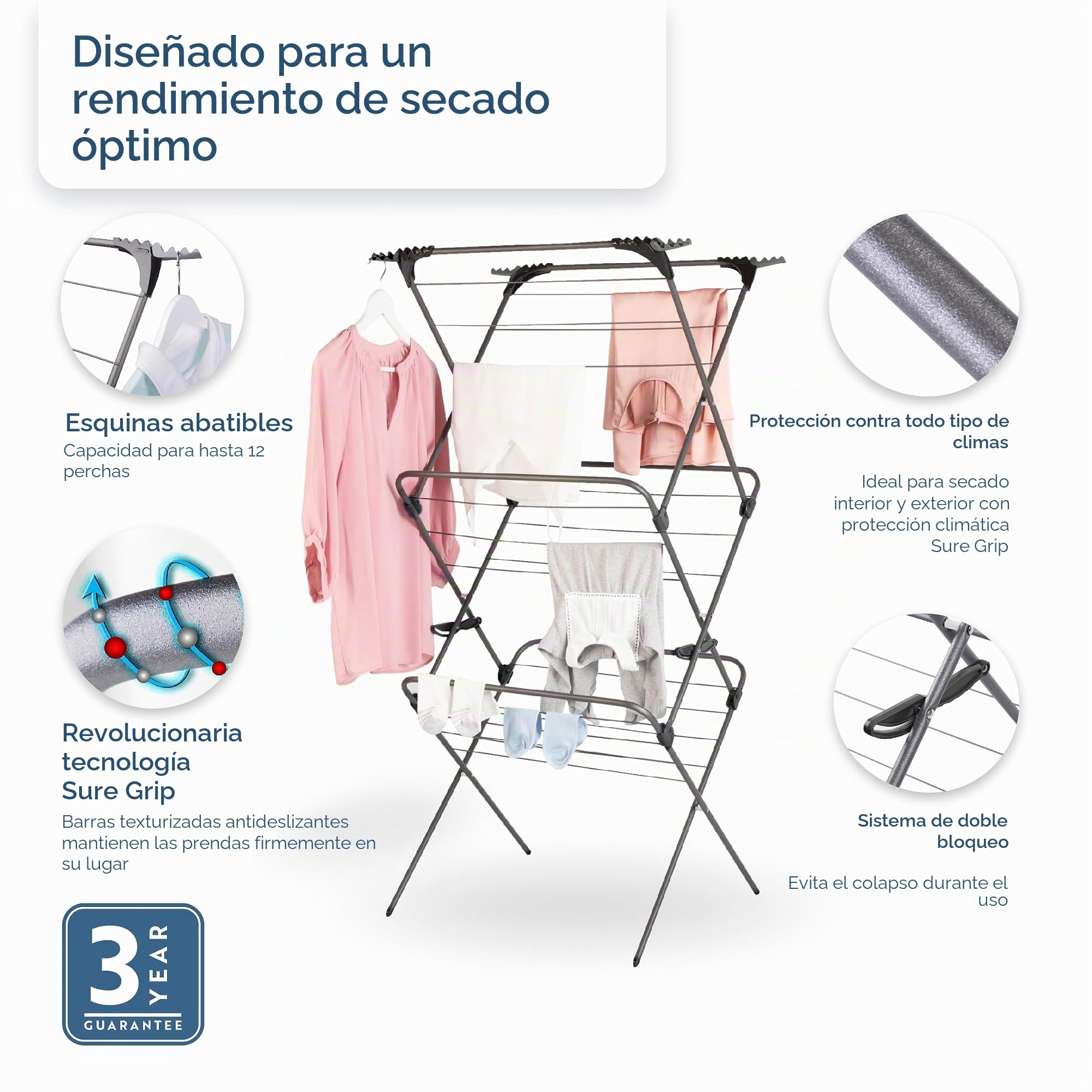 Minky Tendedero Sure Grip de 3 Niveles, Acero Inoxidable, plomizo, tamaño estándar
