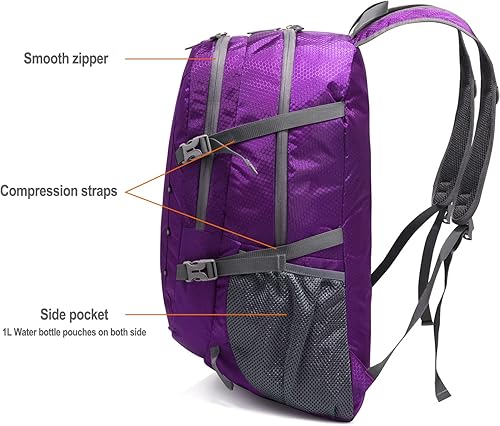 Miniatura 7 de Mochila de senderismo ligera de 40 L, mochila plegable de viaje para hombres y mujeres, mochila, Púrpura, Mochilas de