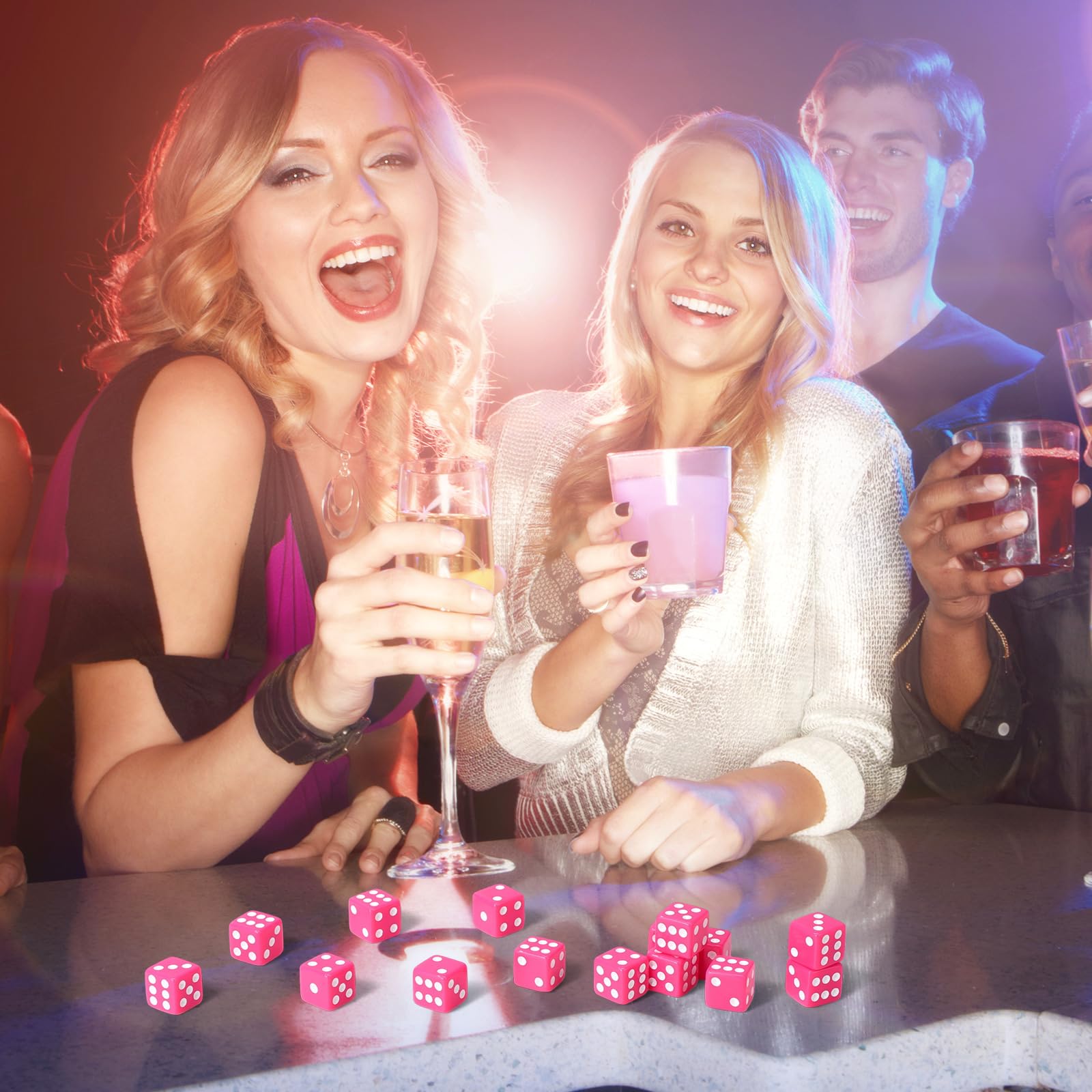 Poen Juego de 30 dados de color rosa intenso opacos de 16 mm para fiesta temática de casino, cuboide rosa con piñas blancas para juegos de mesa familiares