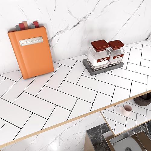 Miniatura 5 de Papel tapiz geométrico de espiga para despegar y pegar, papel tapiz moderno, papel tapiz geométrico en blanco y negro con ladrillo de espiga para