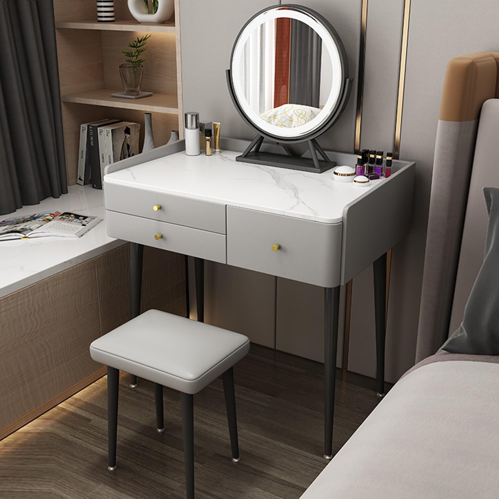 asdchZen Vanity Desk Set With Mirror & Stool, Stylish Makeup Table With Drawers For Bedroom, Modern Vanity Furniture,D-80cm/31.4in