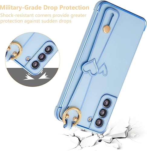 Vista 4 de ZTOFERA Funda para Samsung Galaxy S22 Plus 5G con correa para la muñeca, bonito borde chapado de lujo, patrón de corazones de amor para niñas y Azul