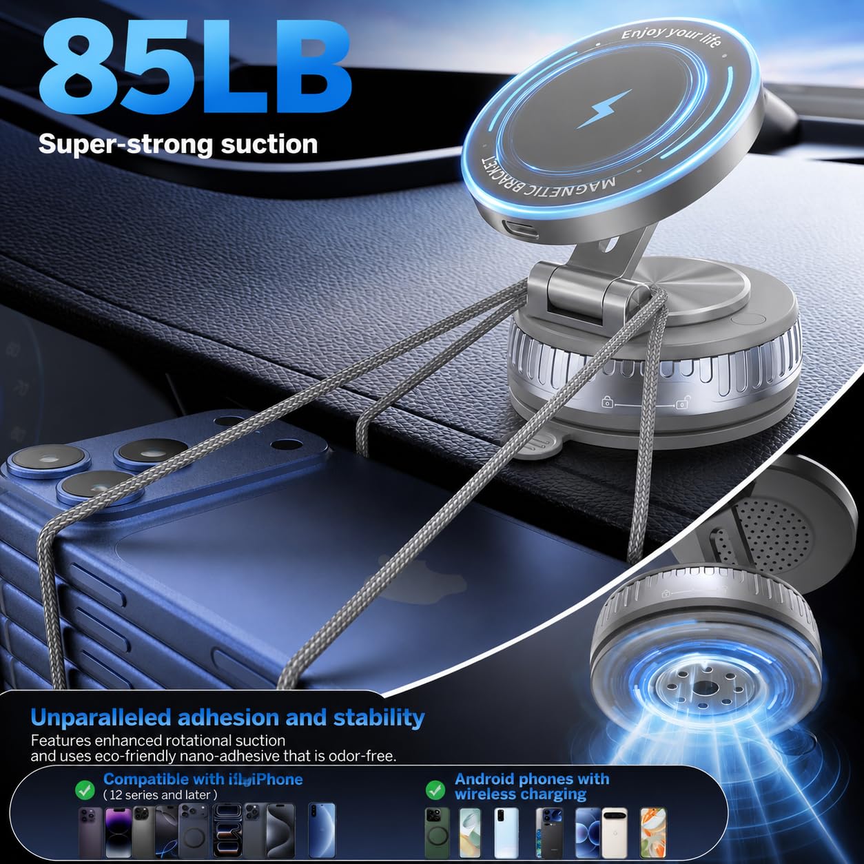 Supporto magnetico per telefono da auto con forte aspirazione a vuoto, 20 magneti N55, supporto per telefono regolabile a 360° per cruscotto e parabrezza, stabile di livello militare, universale per