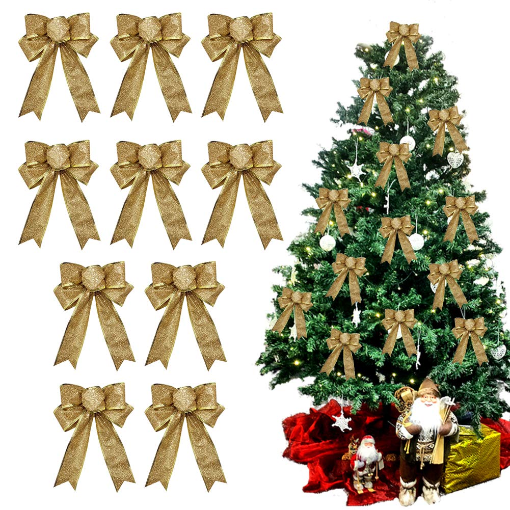 Btggg Gold 10 Pieces Bows For Presents Christmas Bows Xmas Tree Ornaments Glitter Bowknot Ribbon Christmas Decorations For Presents Box, Party, 25 * 20Cm (Gold)