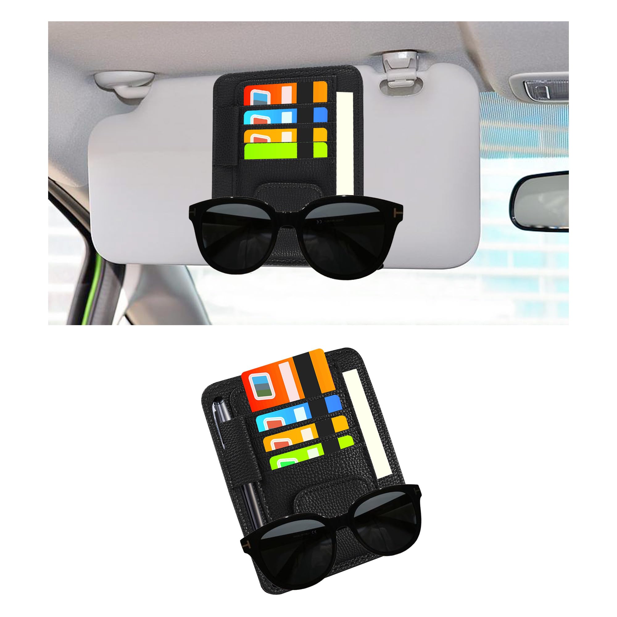 Aokdom Leather Car Visor Organizer,Multi-Function Car Sun Visor Organizer with Sunglass Holder,Multi-Slots Cars Storage Accessories for Storing Card Pen Invoice to Space Saving (Black)