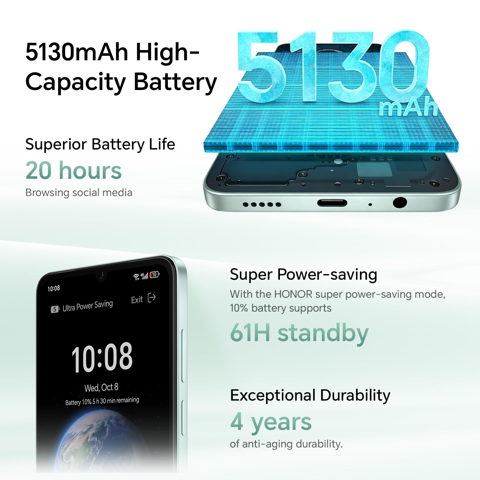Honor X5c Plus 4G Smartphone, 4Go 256Go, Dual SIM, 5130mAh Batterie, 50Mpx Ultra-Net AI Caméra, Écran 6,7" 90Hz, MicroSD 1 to à Extensible, Android 15 Telephone Portable, Cyan