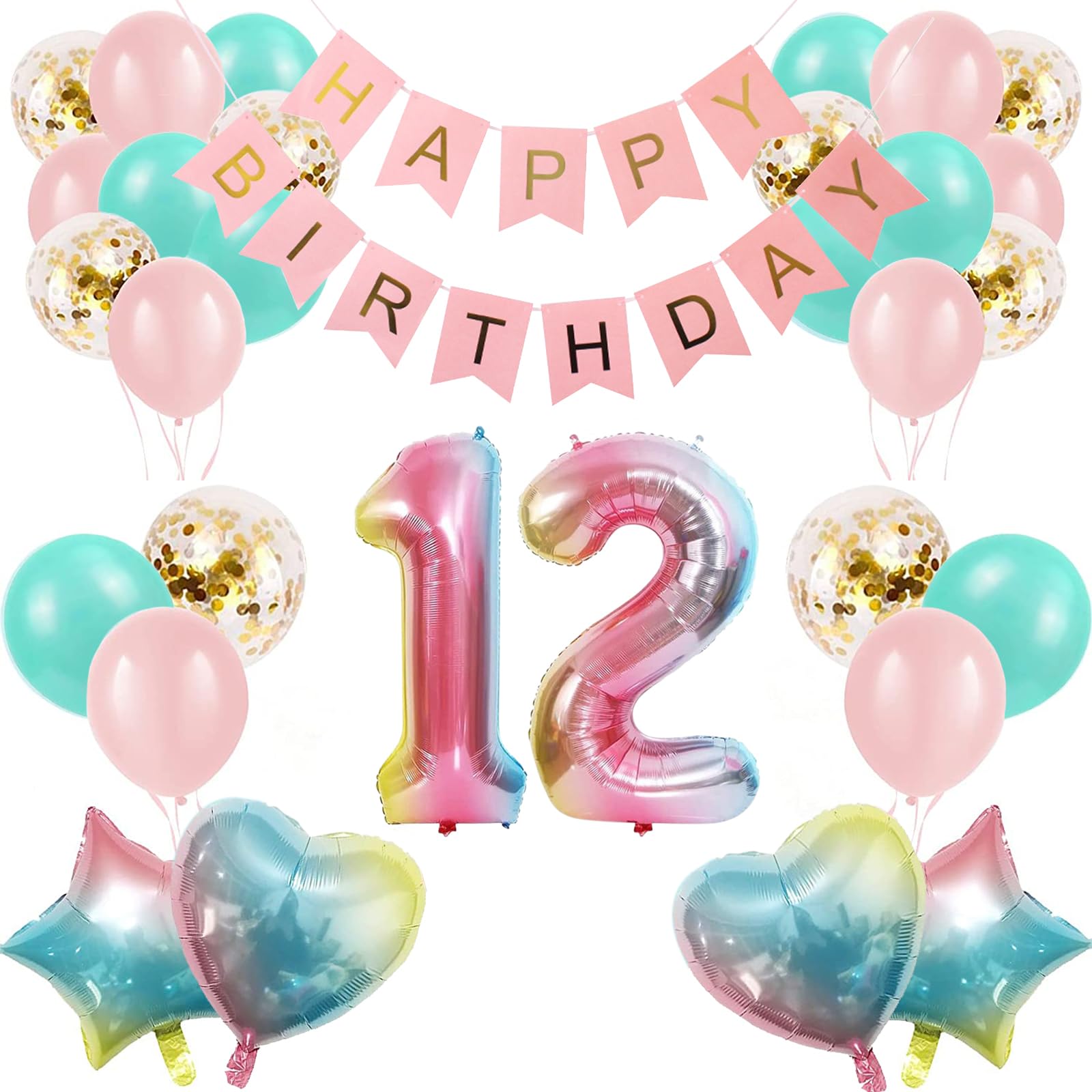 Photo 1 of 12th Birthday Decorations for Girls Gradient Color Age 12 Birthday Balloons with Happy Birthday Banner for Baby Showers Twelfth Birthday Party Supplies for Girls Boys (12th-Birthday)