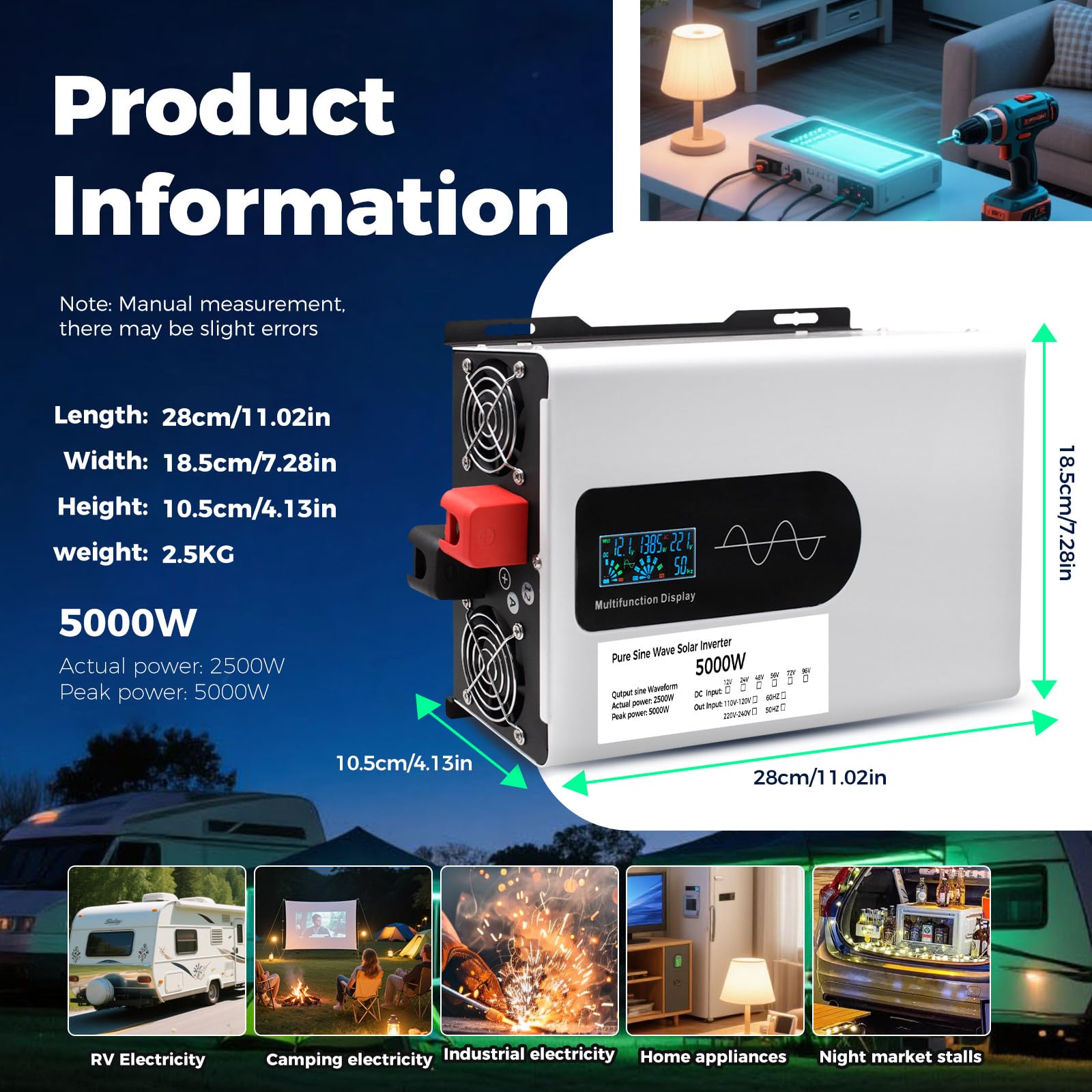 Falownik sinusoidalny 5000 W, przetwornica 12 V do 230 V AC, hybryda solarna do domu, kampera, ciężarówki, kempingu poza siecią (50 Hz/60 Hz), 24 V-220 V do 240 V
