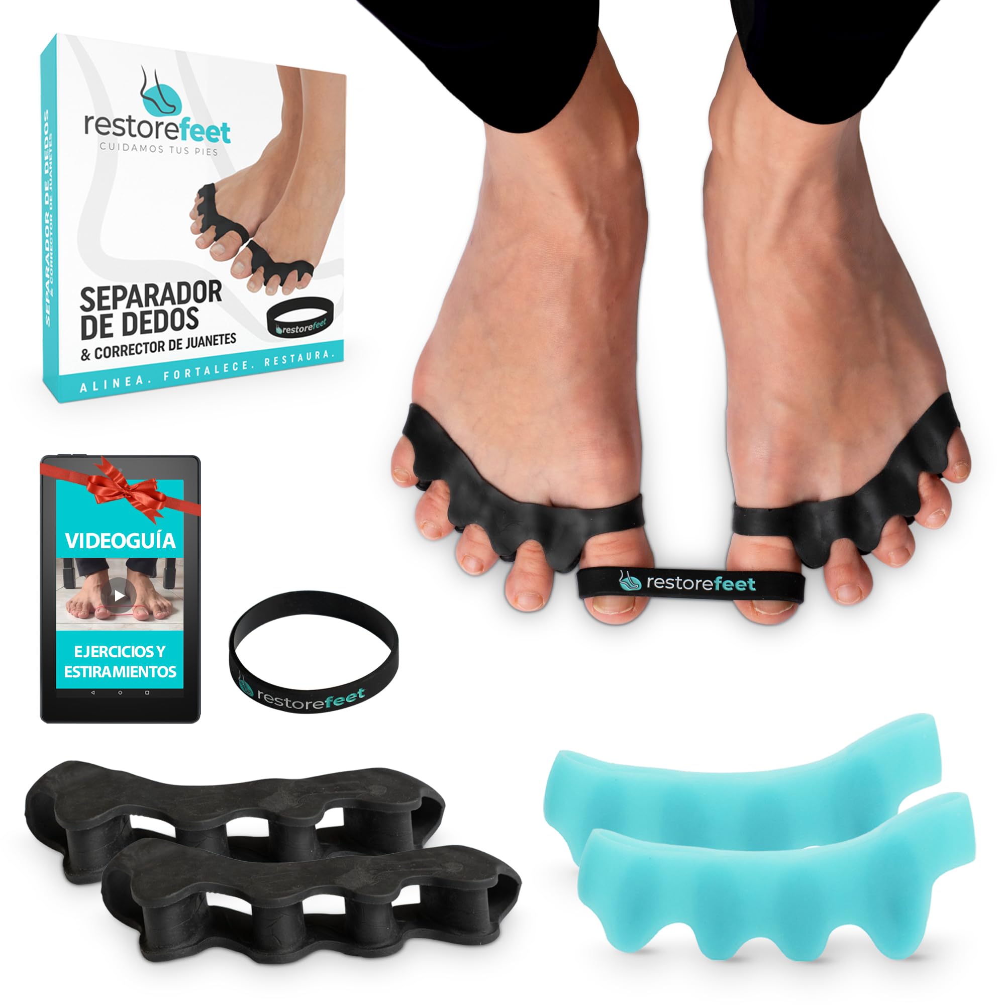 RestoreFeet Separadores de Dedos de los Pies, 2 pares + Banda Anti-Juanetes para Enderezar Dedos Torcidos, 0% BPA