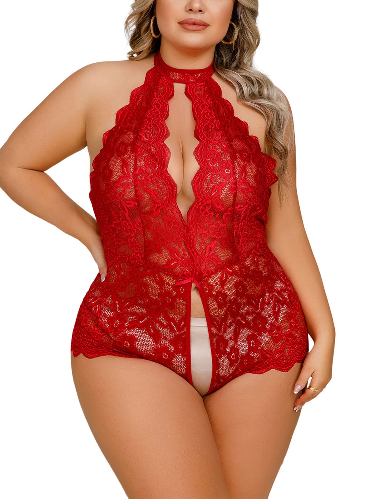 Plus Size Lingerie for Curvy Women Sexy One Piece Lace Bodysuit Deep V Neck Halter Teddy Sleepwear: Red 1X