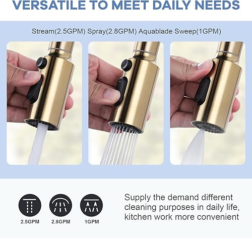 Miniatura 4 de iVIGA Cabezal de repuesto para grifo abatible, boquilla de cabezal rociador extraíble de 3 funciones dorada con 9 adaptadores para grifo de