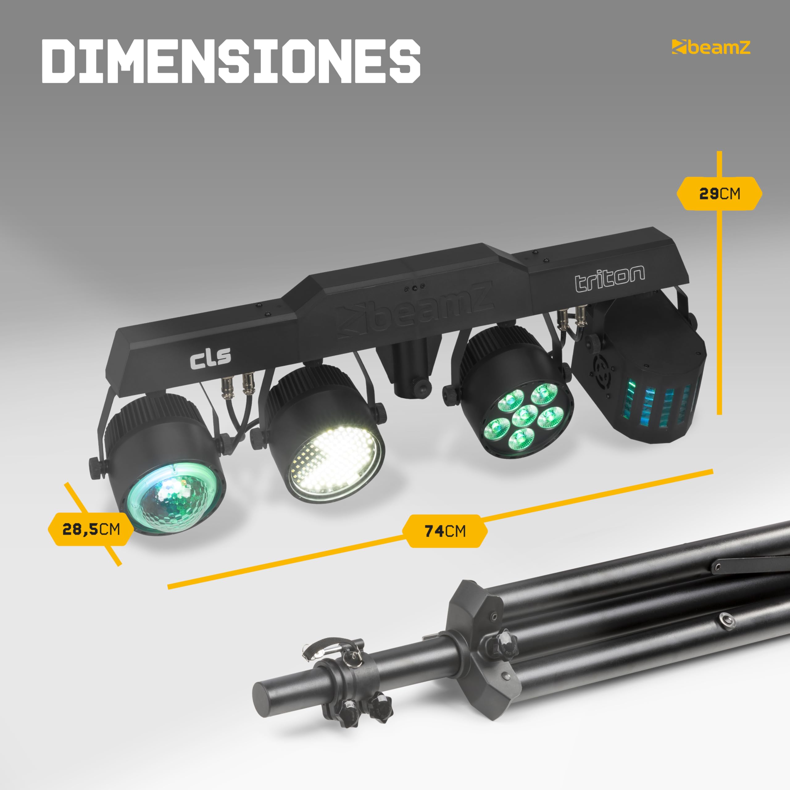 BeamZ CLS Triton Party Bar con par led rgbw, derby, luz estroboscopica y jelly moon, barra led dj con tripode, dmx 512, luces discoteca para casa, luces dj y luces escenario