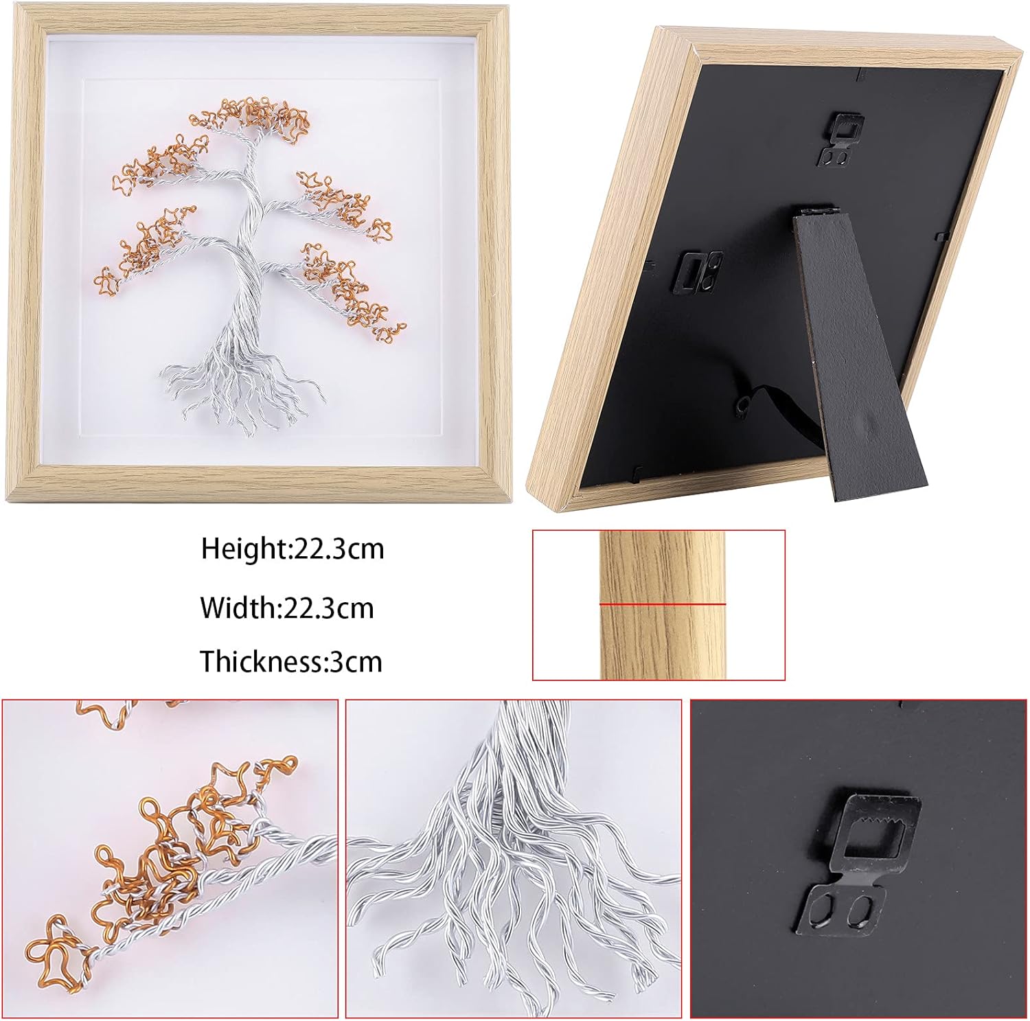 mookaitedecor Aluminum Wire Tree of Life Photo Frame for Desktop Display Wall Art, Feng Shui Money Tree Picture Frame Home Office Decoration 8.8 Inches, Silver & Yellow
