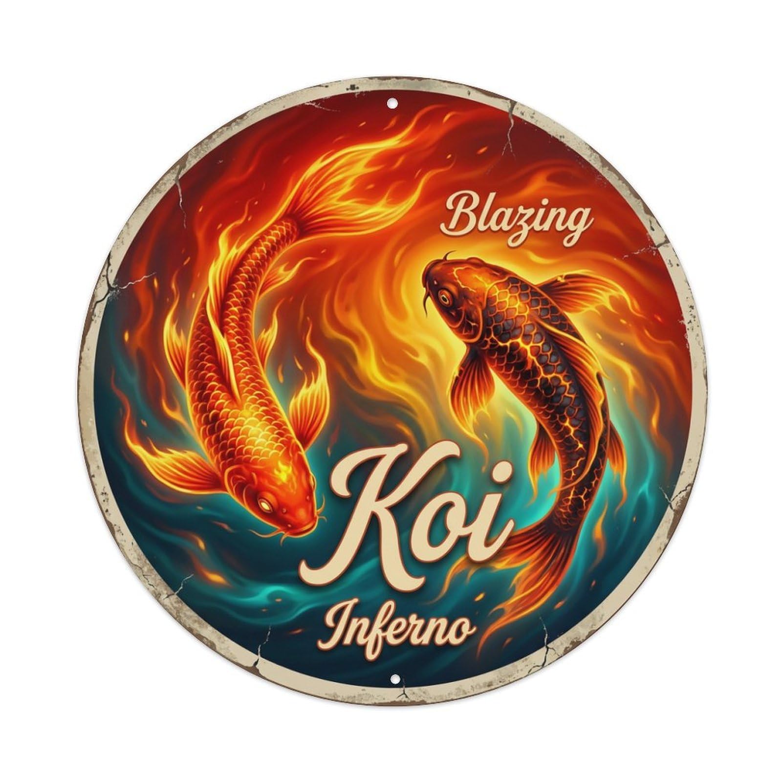 Metal Tin Sign Koi Fish Inferno Scorching Japan Retro