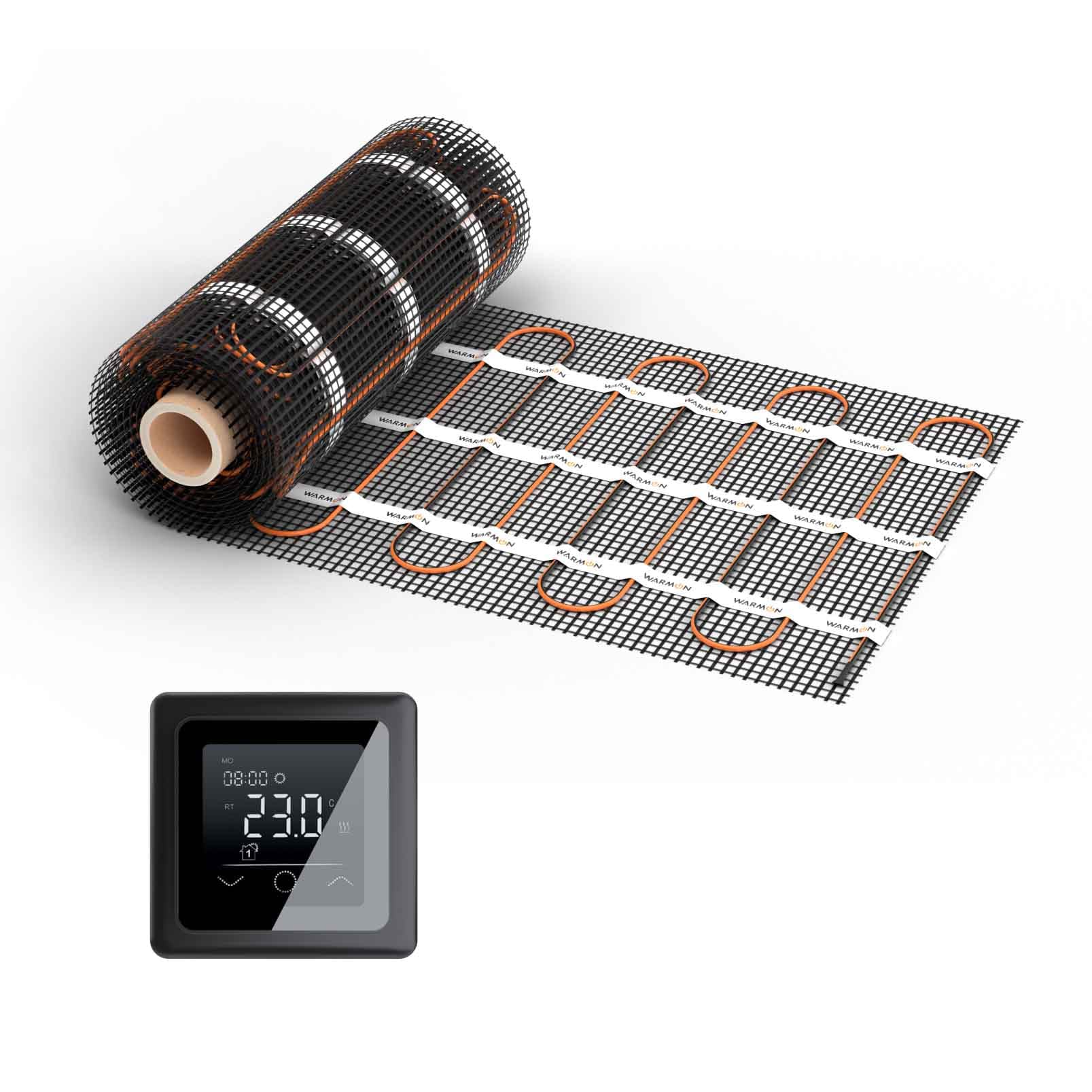 Calefacción eléctrica por suelo radiante para azulejos: Estera calefactora de dos núcleos WARMON Classic 150 W/m², con termostato a elegir, termostato: TP 750 Non WiFi - Negro, Tamaño de la