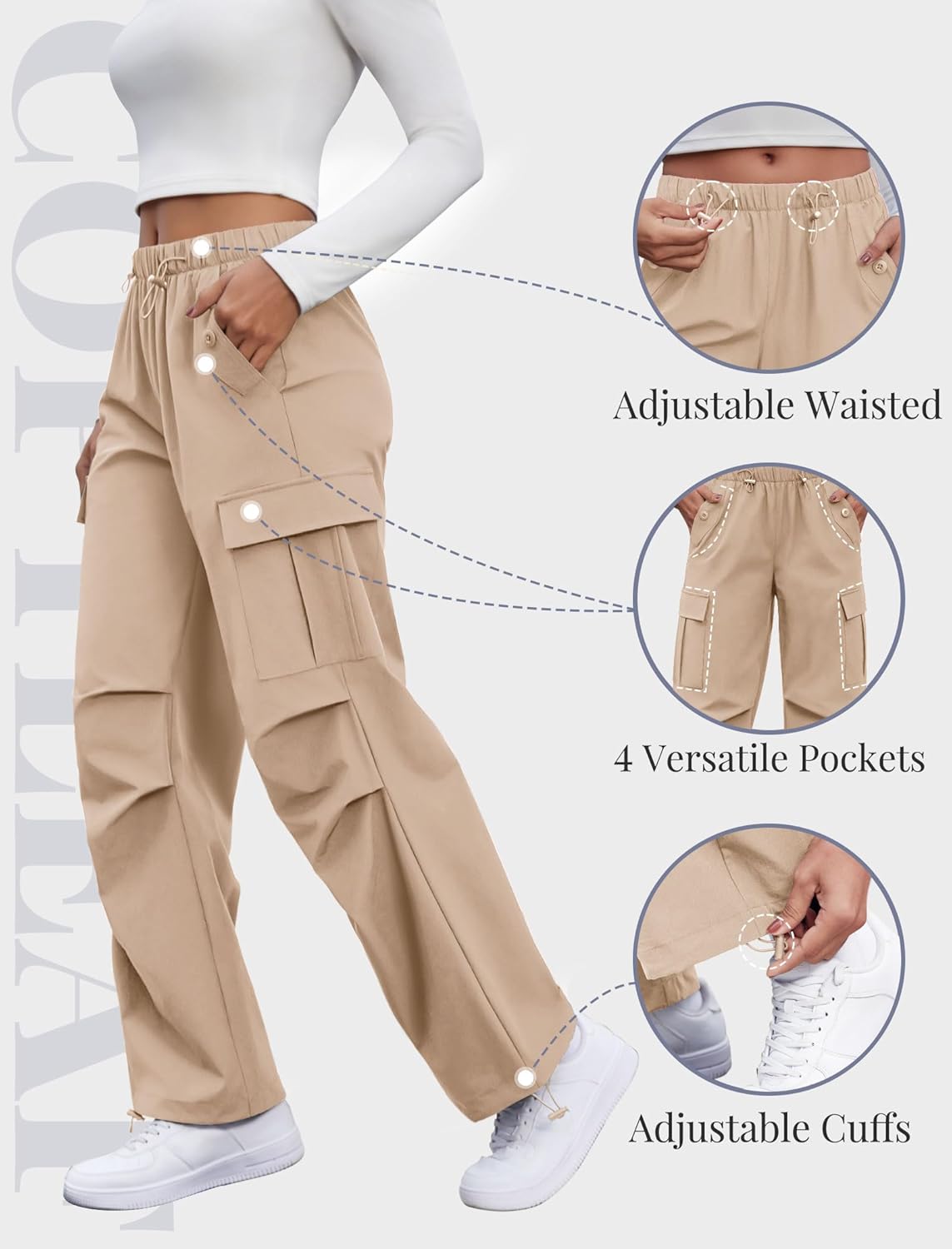 Cargo Pants Women Elastic Waisted Parachute Hiking Pants with Pockets Water-Resistant Lightweight Baggy Pants - Image 5