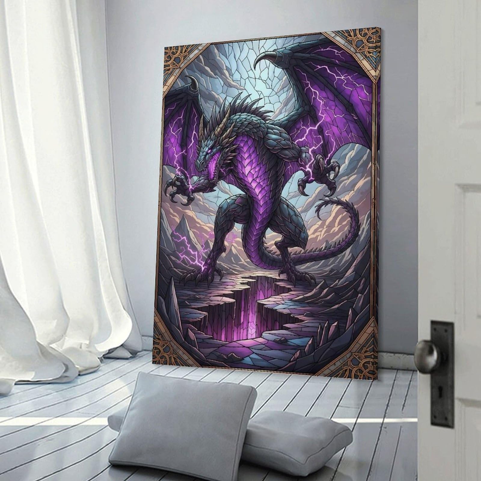 Junmoney Purple Lightning Dragon Stained Glass Canvas Art Print, 20x30inch(50x75cm), for Living Room, Bedroom, Office Or Hallway, Decorative Artwork with Broad Appeal
