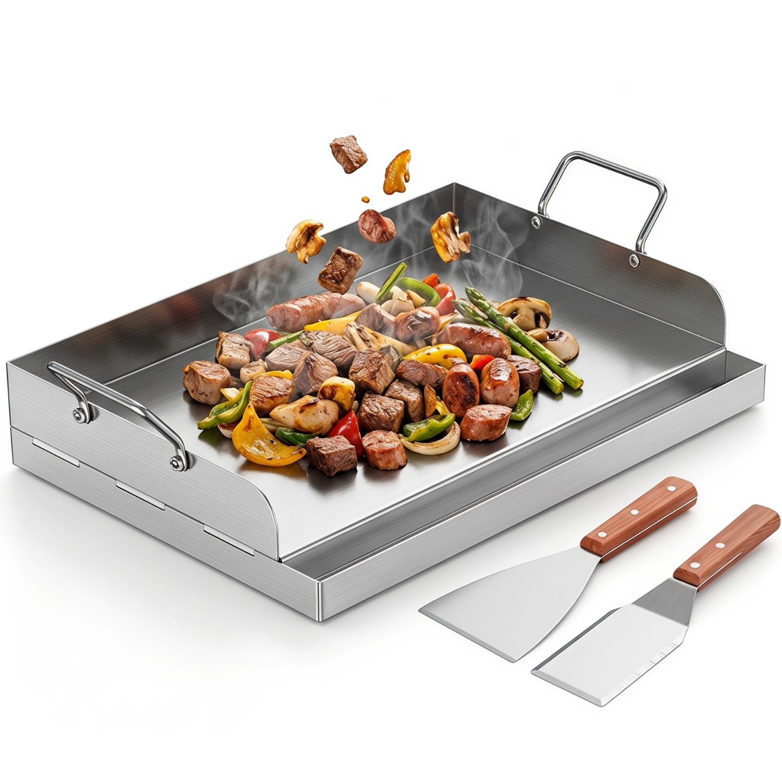 Plancha de acero inoxidable, 54 x 41 cm, placa gruesa de 2 mm, con juego de espátulas incluidas, plancha de gas para barbacoa de gas y barbacoa de carbón