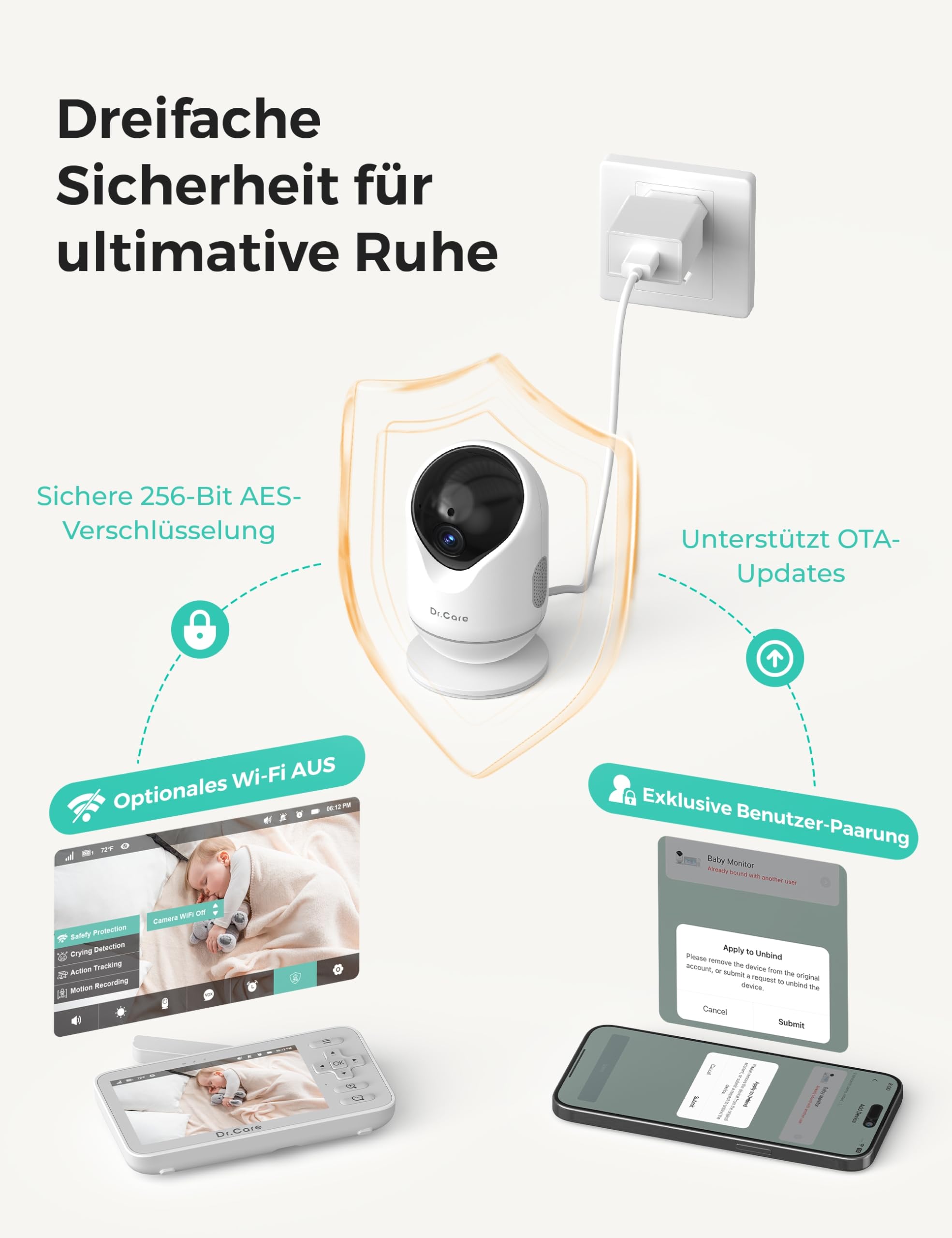 Dr.Care VistaView Lite WLAN Babyphone mit Clip-Halterung – 4" 720P Split-Screen & 1080P Kamera, App-Steuerung, Bewegungsalarm, Nachtsicht, 2-Wege-Audio, Aufnahme