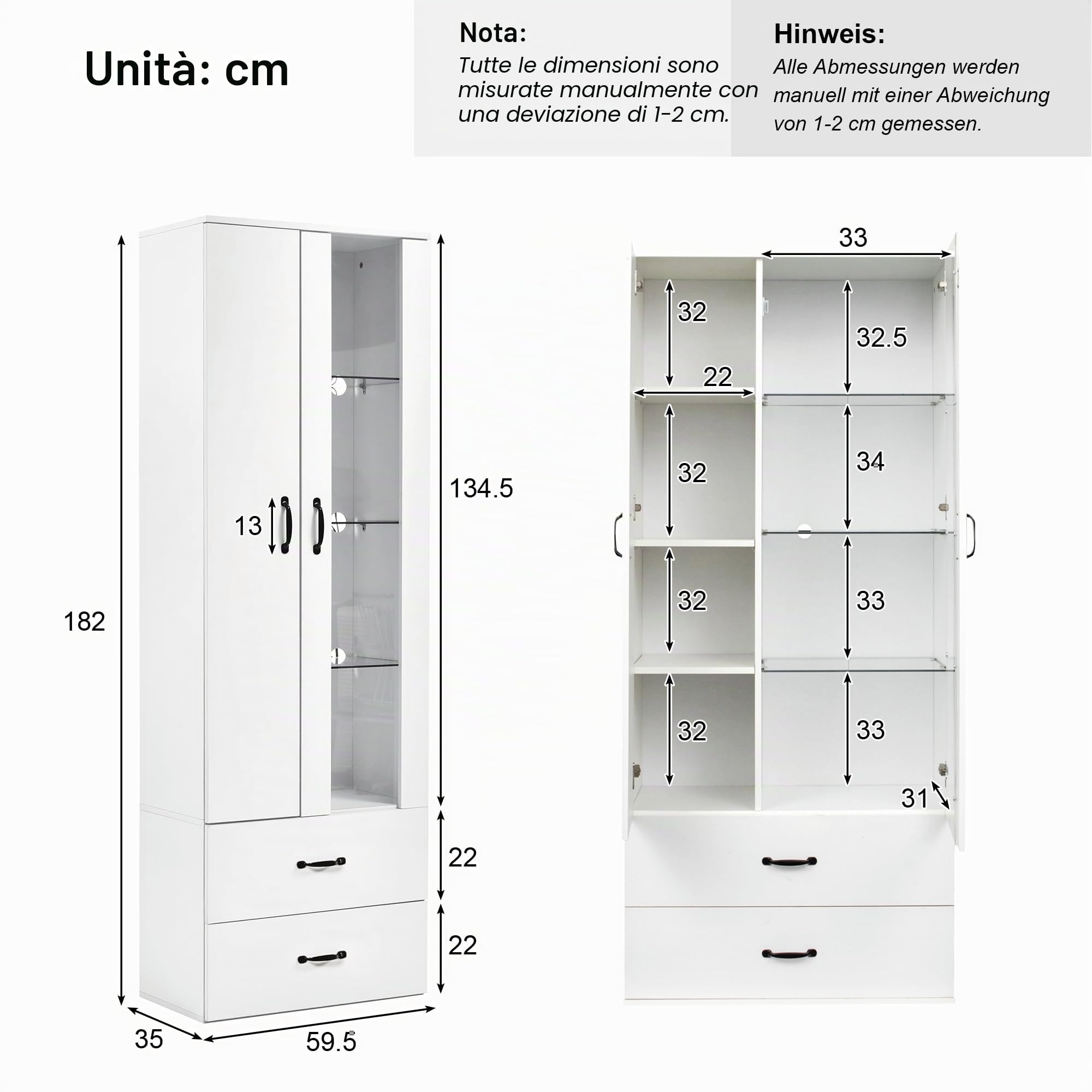 KAZZIO Vetrina illuminata a LED, 16 colori, 2 ante, 2 cassetti con ante in vetro, vetrina bianca a LED, soggiorno, parete del soggiorno, vetrina a LED, armadio a buffet, scaffale alto