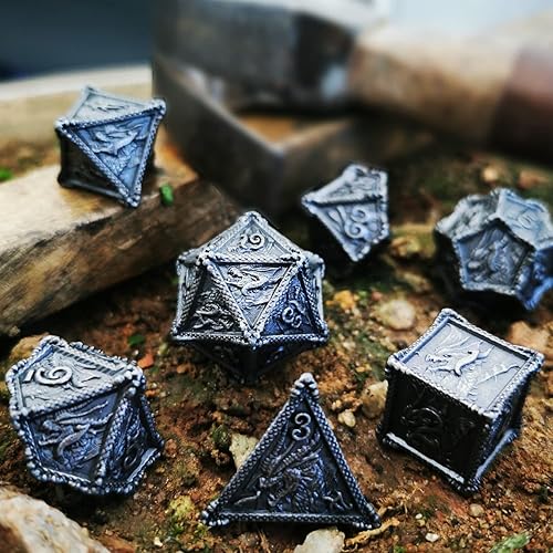 Miniatura 10 de MJDICEOK Juego de 7 dados de dragón de metal DND, juego de dados para juegos de rol, D&D, Calabozos y Dragones (plata negro)
