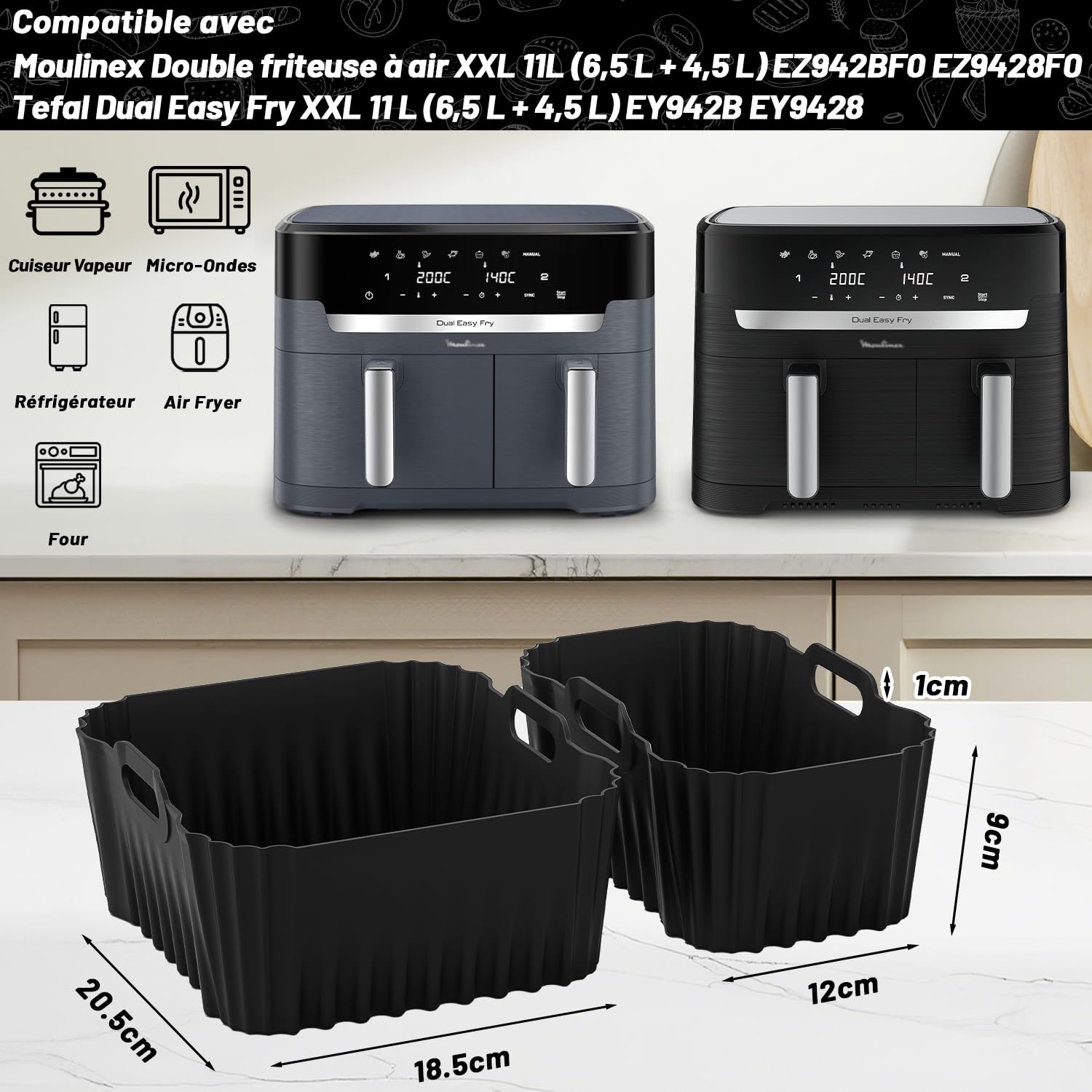 Accessoires Air Fryer Moulinex Dual Easy Fry XXL 11L, Moule En Silicone Pour Moulinex Double Friteuse À Air EZ942BF0 EZ9428F0, Papier Cuisson, grille air fryer, Spray Huile Cuisine, Moule Muffin, Etc