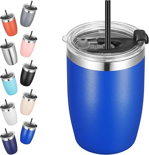 VEGOND - Vaso térmico de acero inoxidable de 12 oz con doble pared aislante al vacío con tapa y pajita, vaso reutilizable para viajes, azul real,