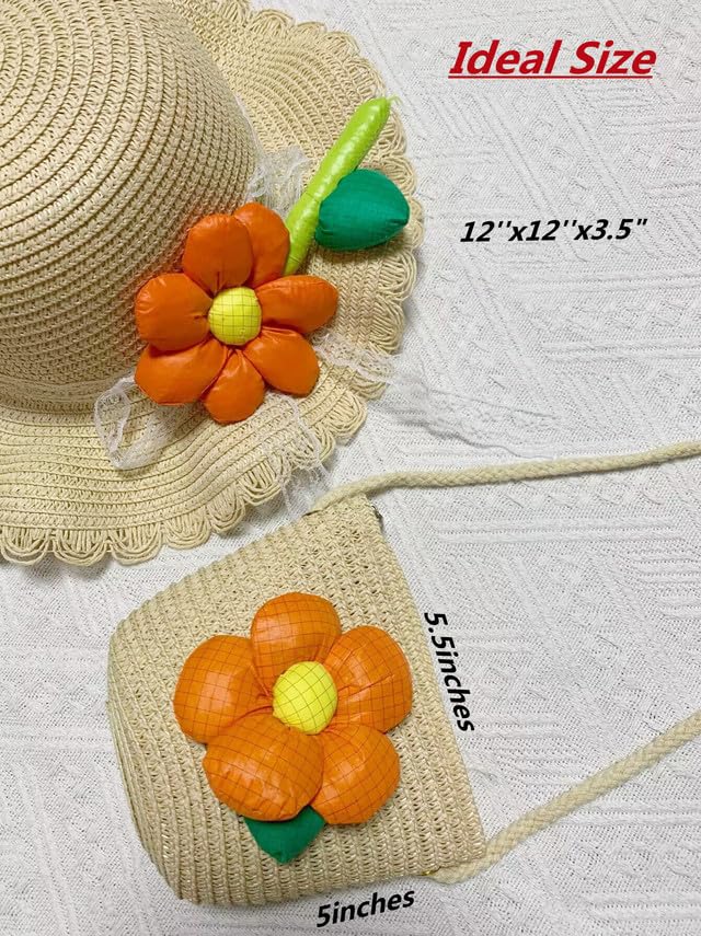 Off White Sunflower Cute Straw Hats Girls Kids Sun Hats Summer Beach Hats Small Straw Woven Purse Hat Bag Sets3