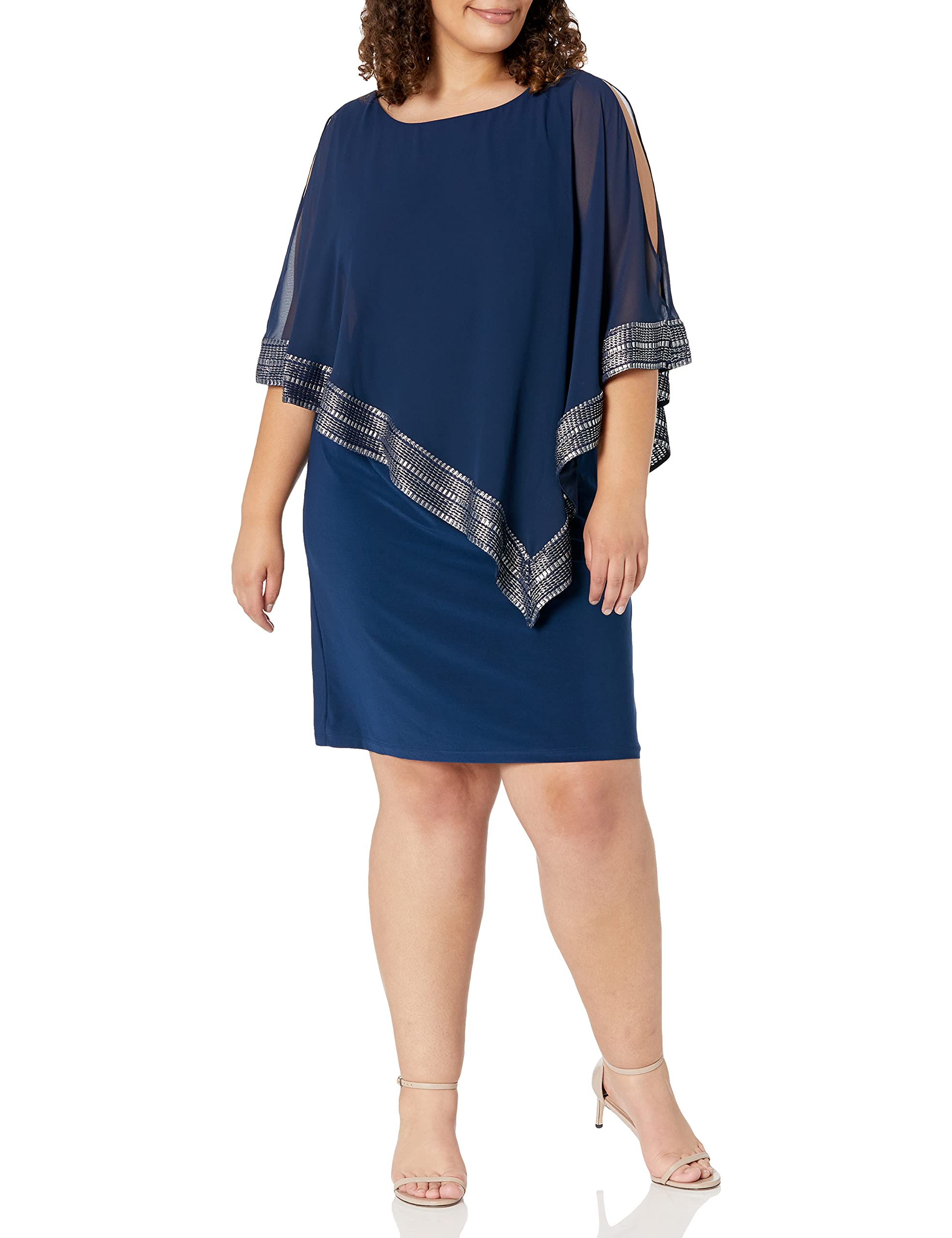 S.L. Fashions Women's Plus Size Cape Dress, Navy Foil, 22 Plus